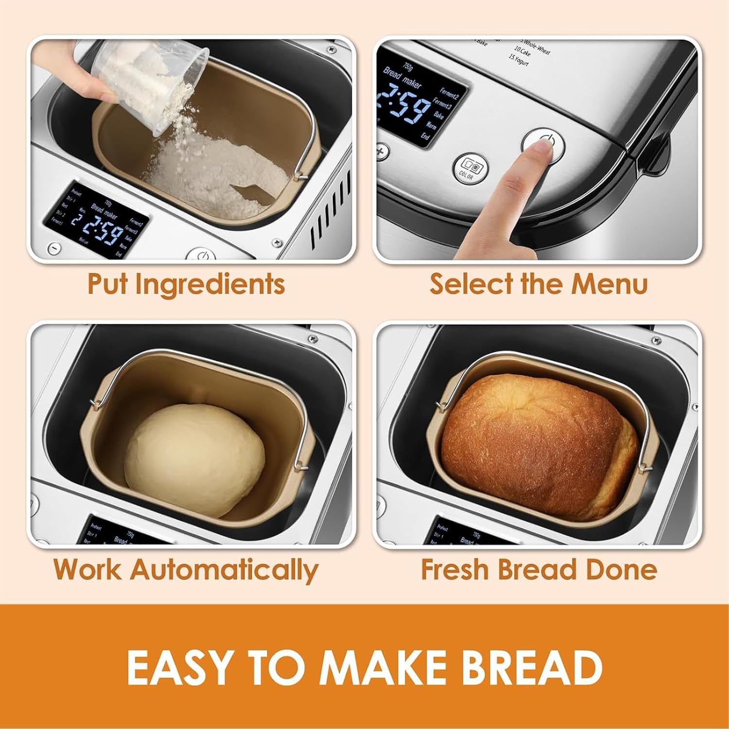 Bread Maker Machine, Automatic Breadmaker, Electric Cooker Toaster Makers, Timer Setting + Keep Warm Setting with 15 Preset Menus, for Kitchen Baking Loaf Dough