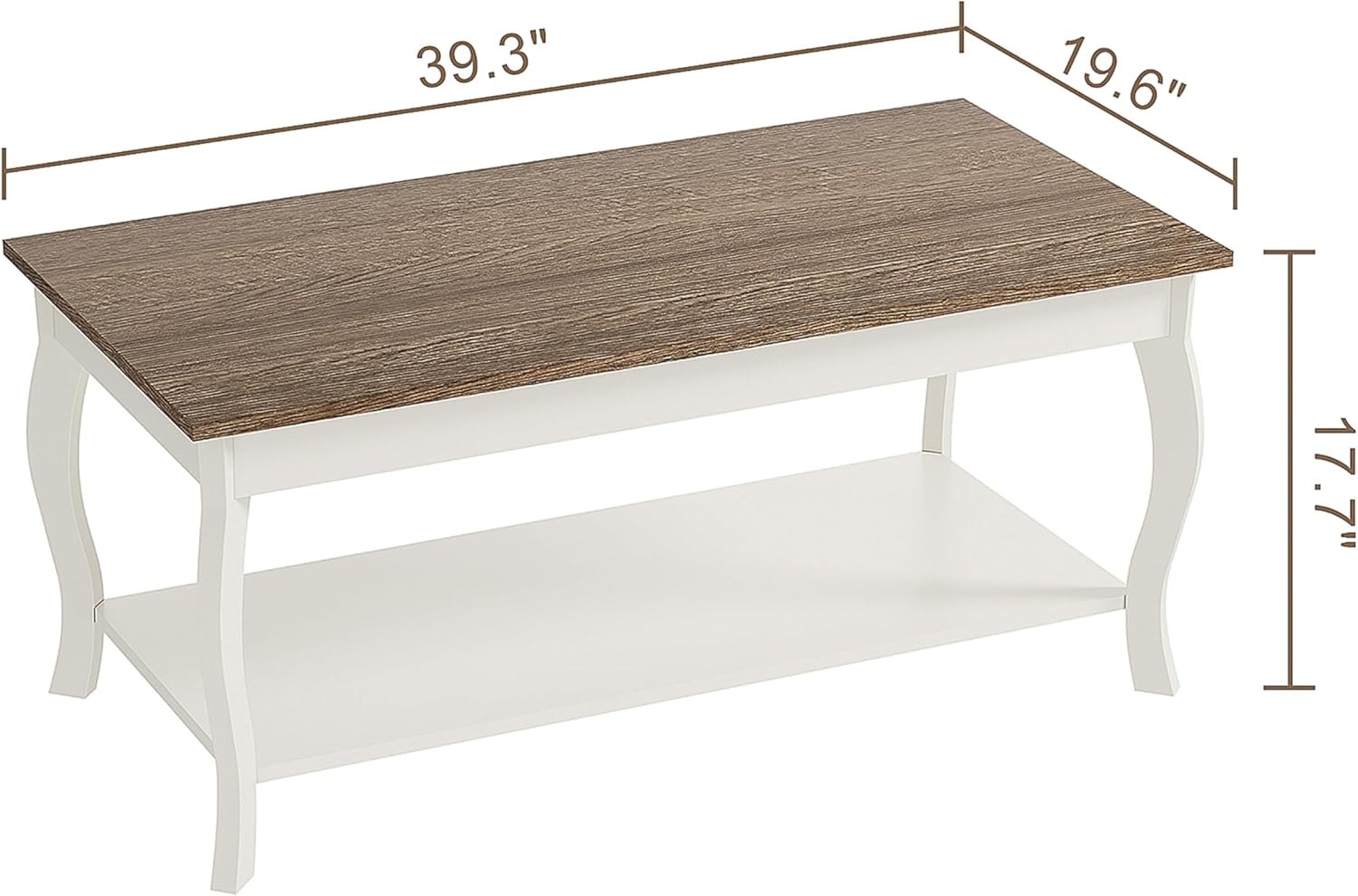 ChooChoo Coffee Table, Rustic Center Table with Curved Legs and Storage Shelf, 39' Coffee Table for Living Room, Soft White