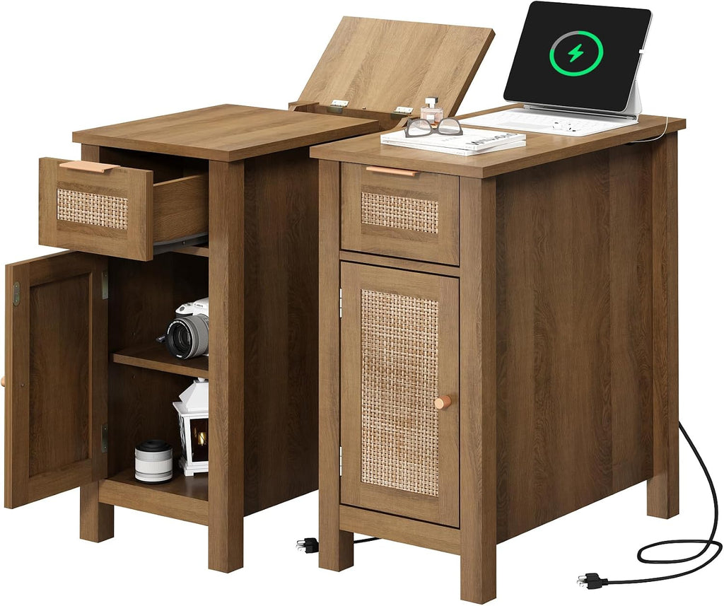 Narrow End Table with Charging Station - Midcentury Rattan Slim Side Table with USB Ports and Power Outlets, Nightstand with Flip Top and Storage Drawer, for Small Spaces Living Room Bedroom, Set of 2