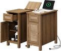 Narrow End Table with Charging Station - Midcentury Rattan Slim Side Table with USB Ports and Power Outlets, Nightstand with Flip Top and Storage Drawer, for Small Spaces Living Room Bedroom, Set of 2