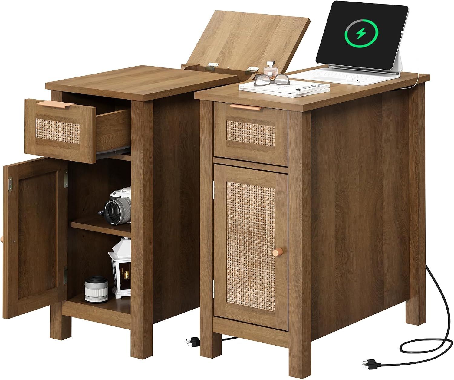 Narrow End Table with Charging Station - Midcentury Rattan Slim Side Table with USB Ports and Power Outlets, Nightstand with Flip Top and Storage Drawer, for Small Spaces Living Room Bedroom, Set of 2