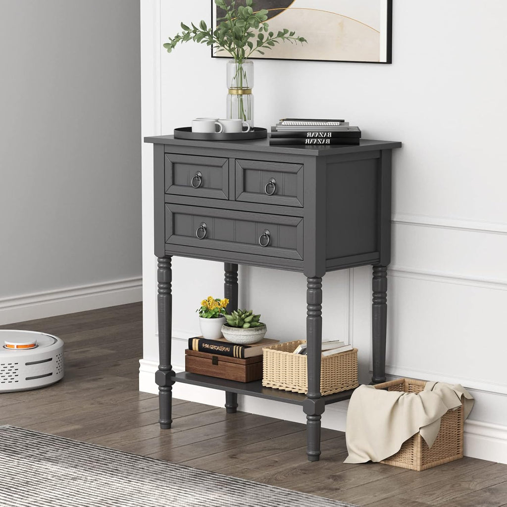 Giantex Console Table with 3 Drawers, 24' Rustic Entryway Table with Storage, Open Bottom Shelf, Compact Hallway Table, Small Sofa Side Table for Living Room, Bedroom, Narrow Entry Table, Gray