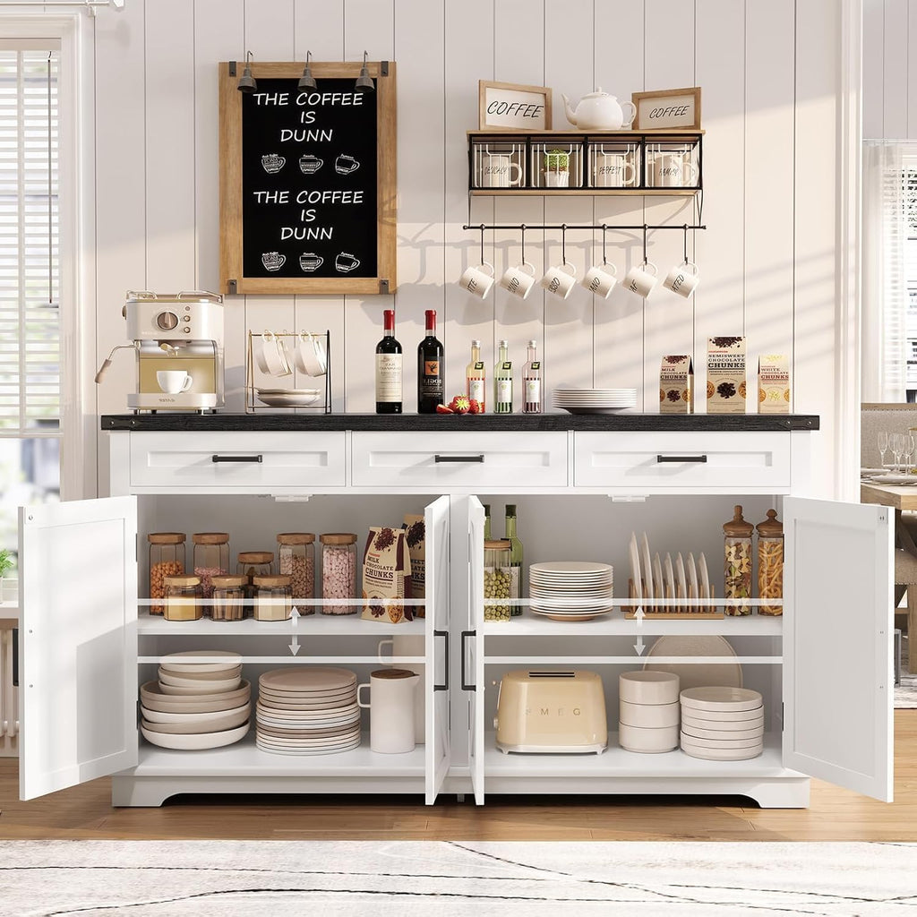 TEENFON 61' Farmhouse Buffet Cabinet with 2 Adjustable Shelves, Sideboard with 3 Drawers & 4 Doors, Rustic Storage Cabinet for Kitchen, Entryway, Coffee Bar, White