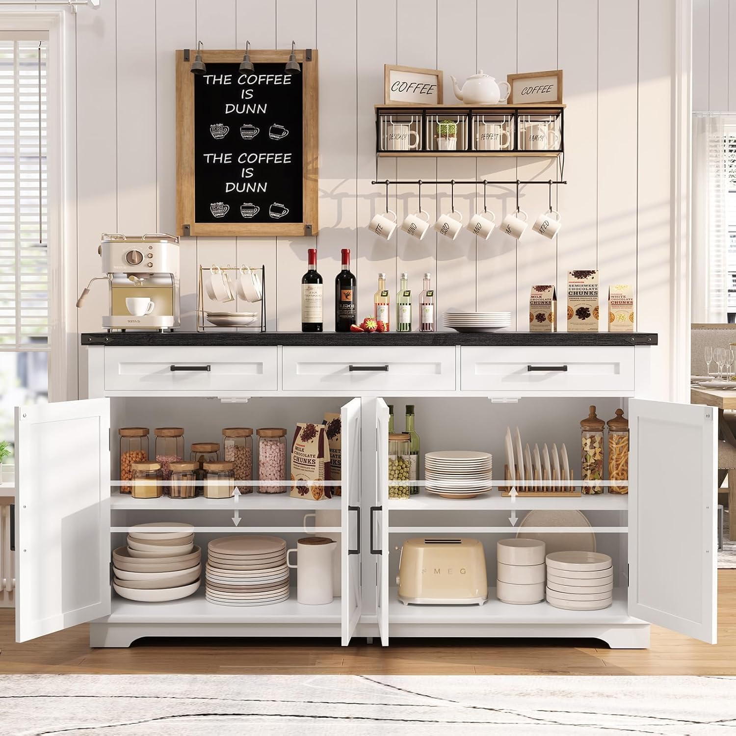 TEENFON 61' Farmhouse Buffet Cabinet with 2 Adjustable Shelves, Sideboard with 3 Drawers & 4 Doors, Rustic Storage Cabinet for Kitchen, Entryway, Coffee Bar, White