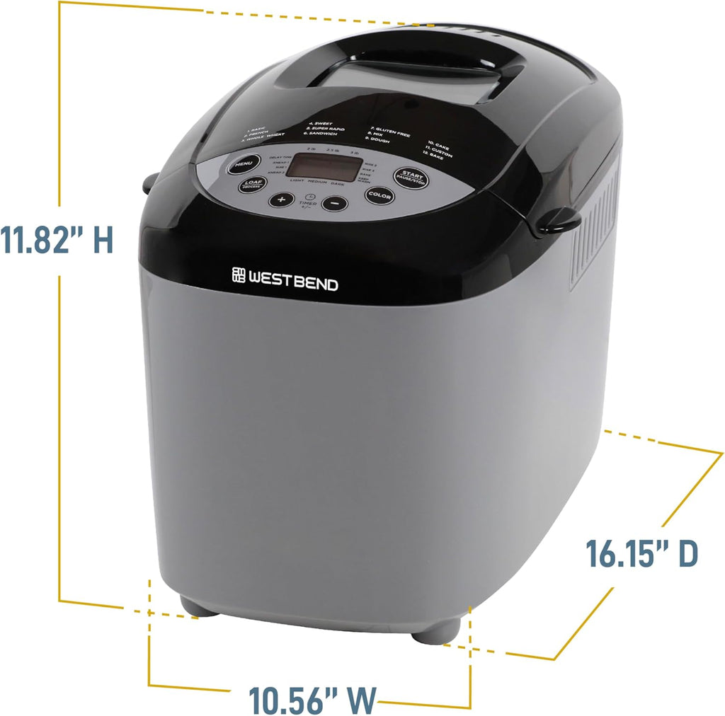 West Bend Hi-Rise Bread Maker Machine Programmable 12 Programs Including Gluten Free & 3 Loaf Sizes and Crust Colors with Traditionally-Shaped Horizontal Bread Pan with Dual Knead Blades, 3-Lb, Gray