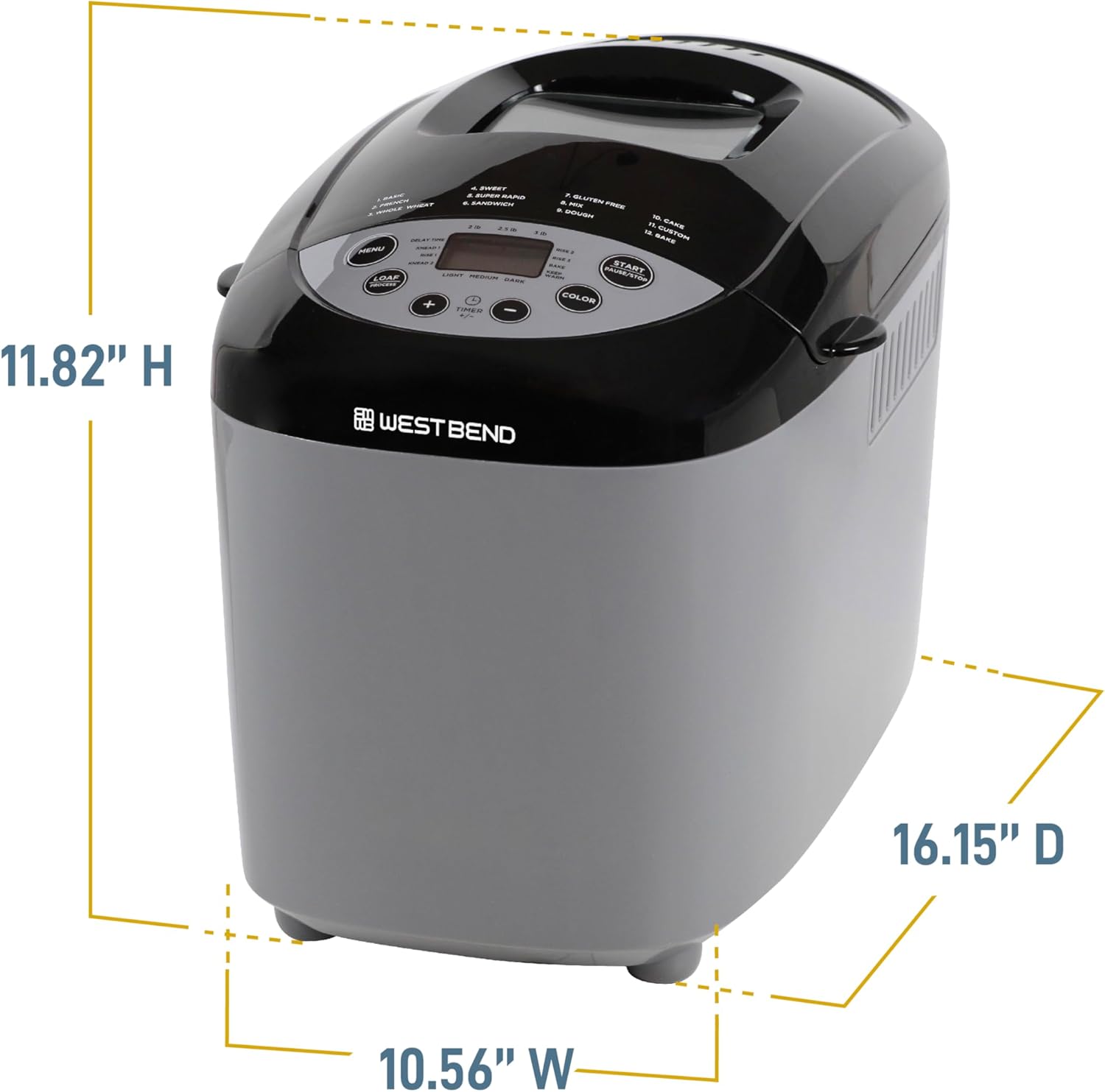 West Bend Hi-Rise Bread Maker Machine Programmable 12 Programs Including Gluten Free & 3 Loaf Sizes and Crust Colors with Traditionally-Shaped Horizontal Bread Pan with Dual Knead Blades, 3-Lb, Gray