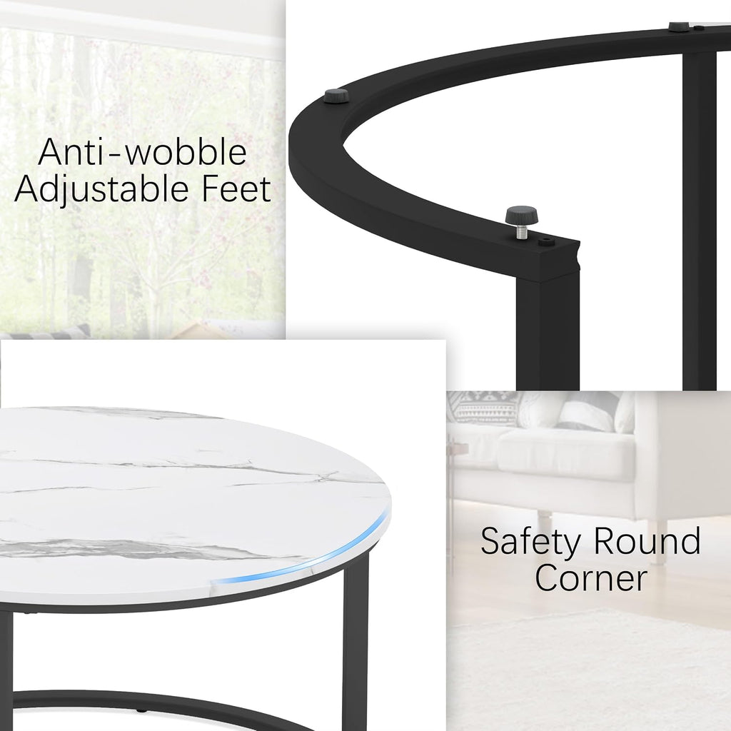 WiberWi Round Coffee Table Nesting Tables Set of 2, Large : Ø 33.5', Small : Ø 25.7', Modern Design Coffee Tables for Living Room, Metal Frame Circle Cocktail Table, High Glossy Faux White Marble