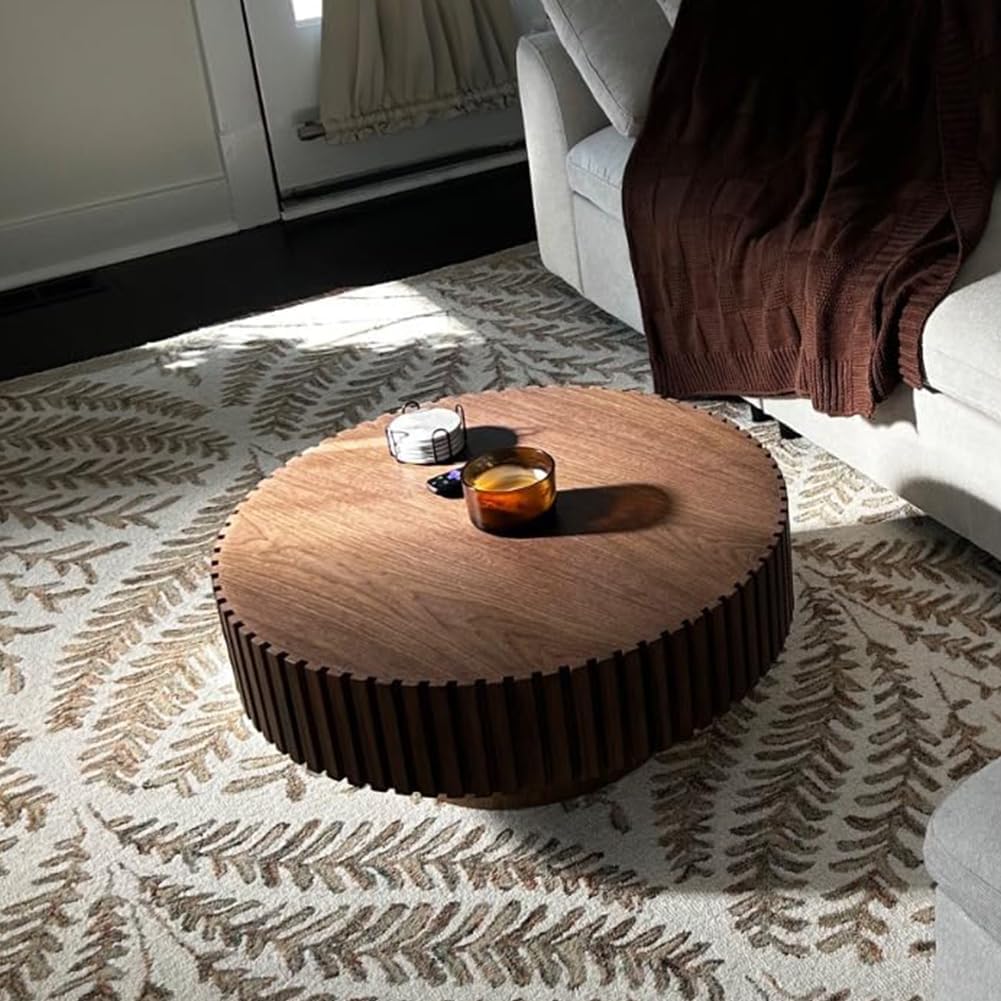 ø39.37'' Walnut Round Coffee Table Contemporary Wood Circle Coffee Table with Fluted Pedestal Centry Table for Living Room, Easy Assembly