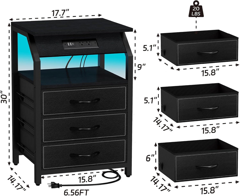 SZLHANJZ End Tables Set of 2, Nightstands with Charging Station and LED Lights, 3 Drawers Fabric Bedside Table, Storage Side Tables for Bedside, Living Room, Modern Black