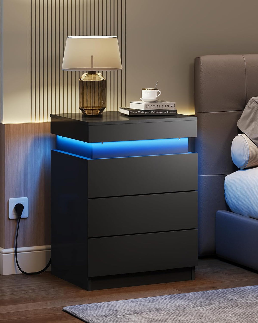 WLIVE Nightstand Set of 2 with Charging Station & LED Lights, Modern Night Stand with 3 Drawers and Sliding Top, Bedside Table End Table with Hidden Space for Bedroom, Living Room, Black