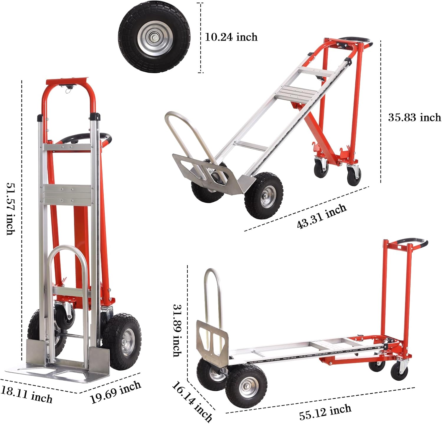 3-in-1 Industrial Aluminum Dolly Hand Truck,Convertible Hand Truck Dolly,1000 Lbs Capacity Hand Trucks Heavy Duty with PU Solid Wheels and Cargo Straps for Moving and Transport (red)