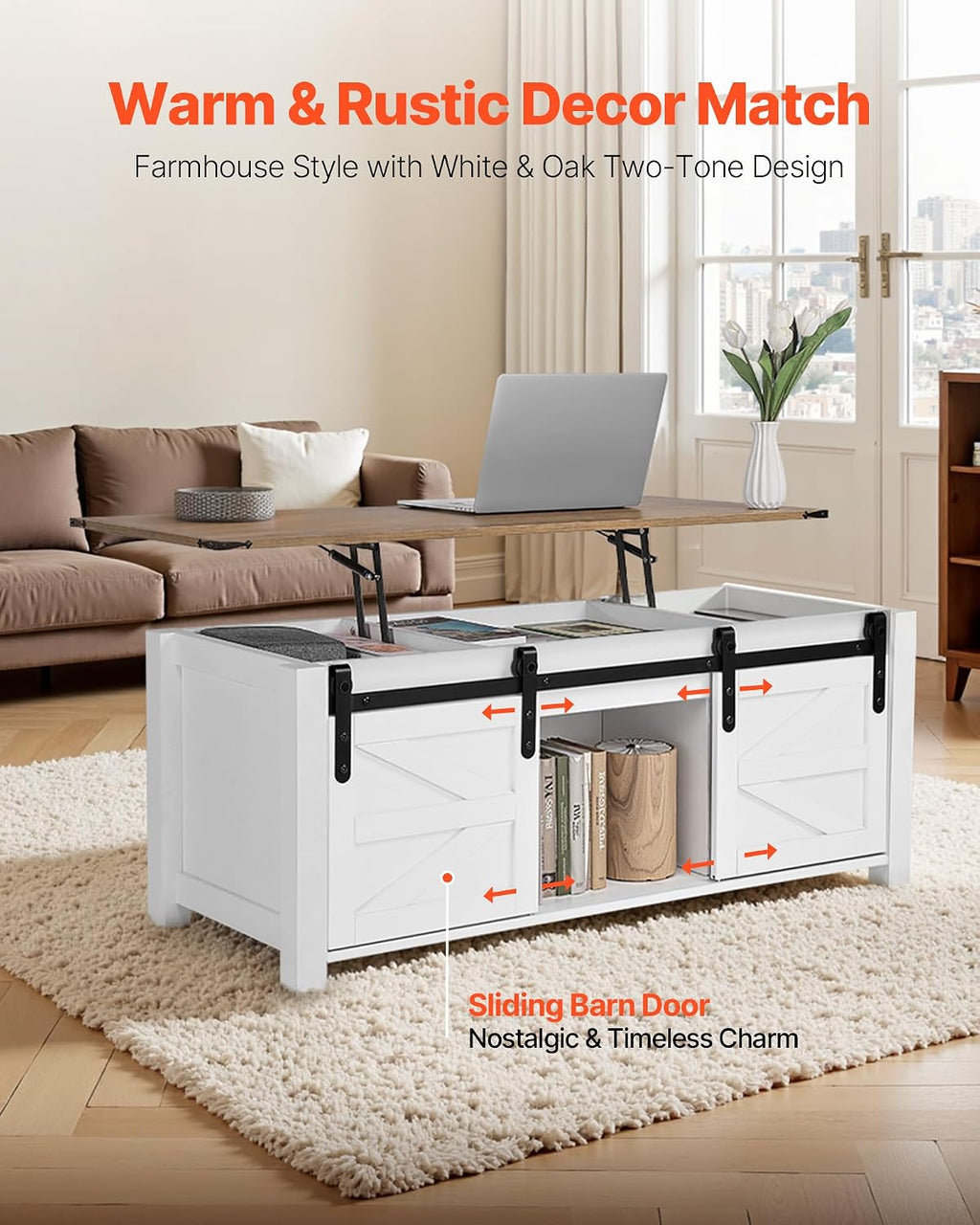 VEVOR 47.2'' Farmhouse Lift Top Coffee Table with Sliding Barn Door, Rustic Center Table with Hidden Storage Compartment, Rectangle Lifting Large Tabletop for Living Room, Office, Easy Assembly, White