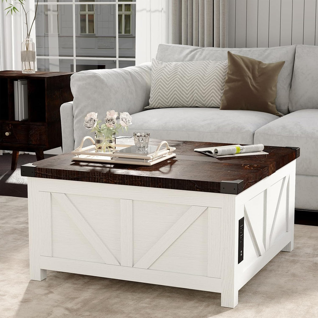 jimeimen Farmhouse Lift Top Coffee Table with Storage, Wood Square Center Table with Charging Station&USB Port, Living Room Table w/Large Hidden Space, for Living Room, Bedroom, Home Office, White