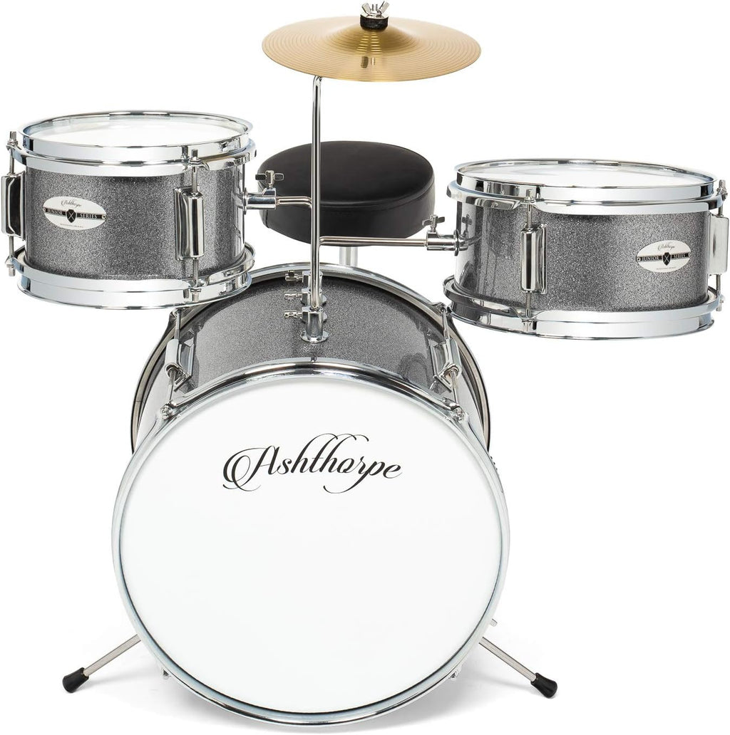 Ashthorpe 3-Piece Complete Kids Drum Set - Beginner Kit with 14' Bass, Adjustable Throne, Cymbal, Pedal & Drumsticks - Silver