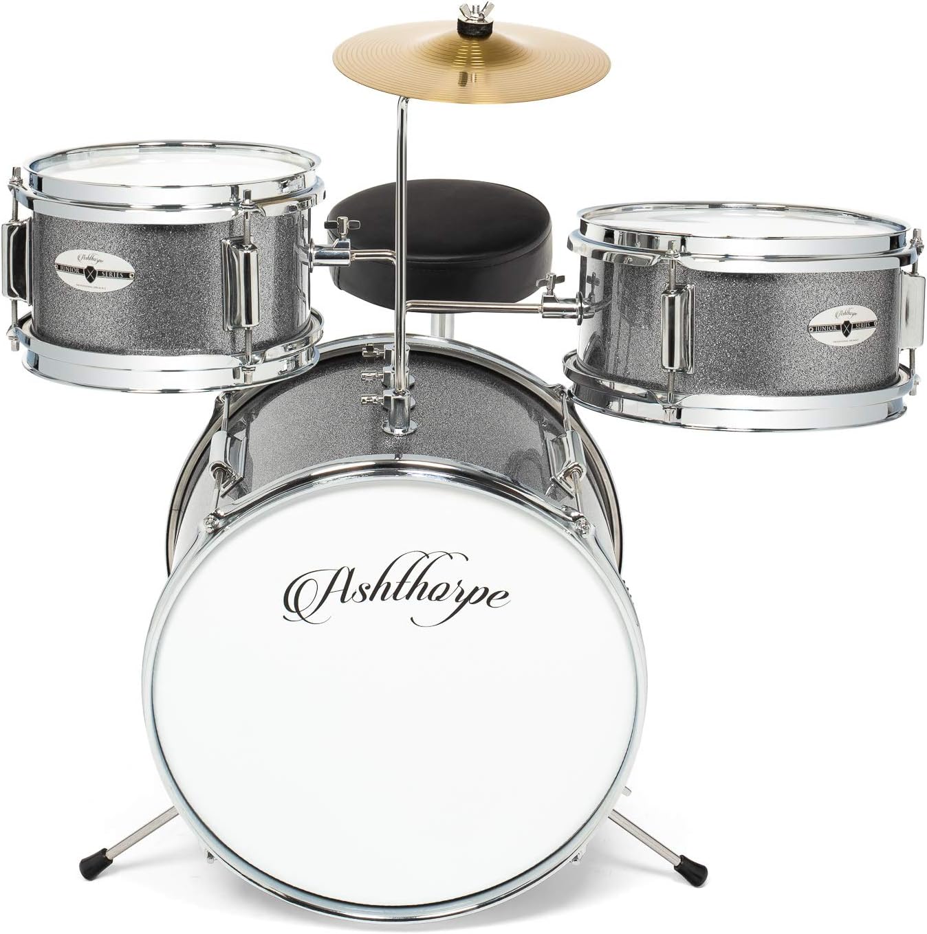 Ashthorpe 3-Piece Complete Kids Drum Set - Beginner Kit with 14' Bass, Adjustable Throne, Cymbal, Pedal & Drumsticks - Silver