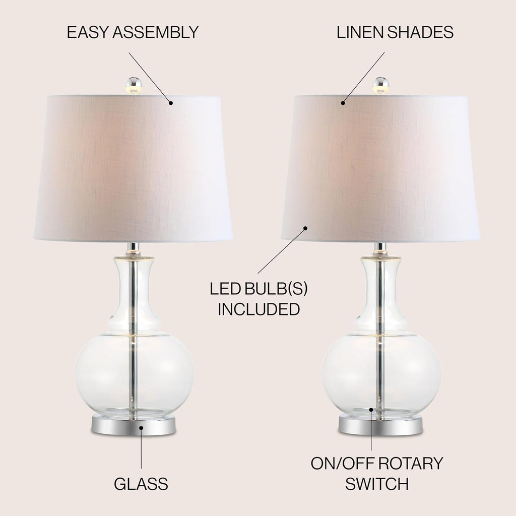 JONATHAN Y 25' Clear/Chrome and Brass Gold Glass Table Lamp Set of 2 for Bedroom, Modern Bedside Lamp for Living Room Nightstand, White Linen Drum Shade, LED Bulb Included (JYL1068B-SET2)