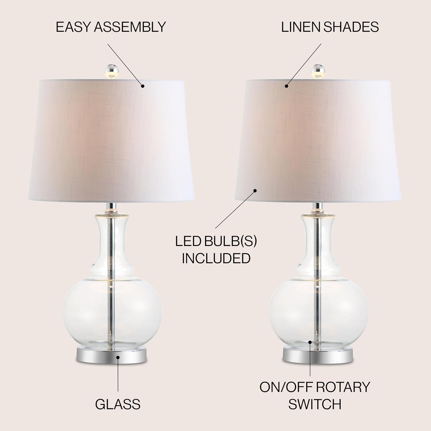 JONATHAN Y 25' Clear/Chrome and Brass Gold Glass Table Lamp Set of 2 for Bedroom, Modern Bedside Lamp for Living Room Nightstand, White Linen Drum Shade, LED Bulb Included (JYL1068B-SET2)
