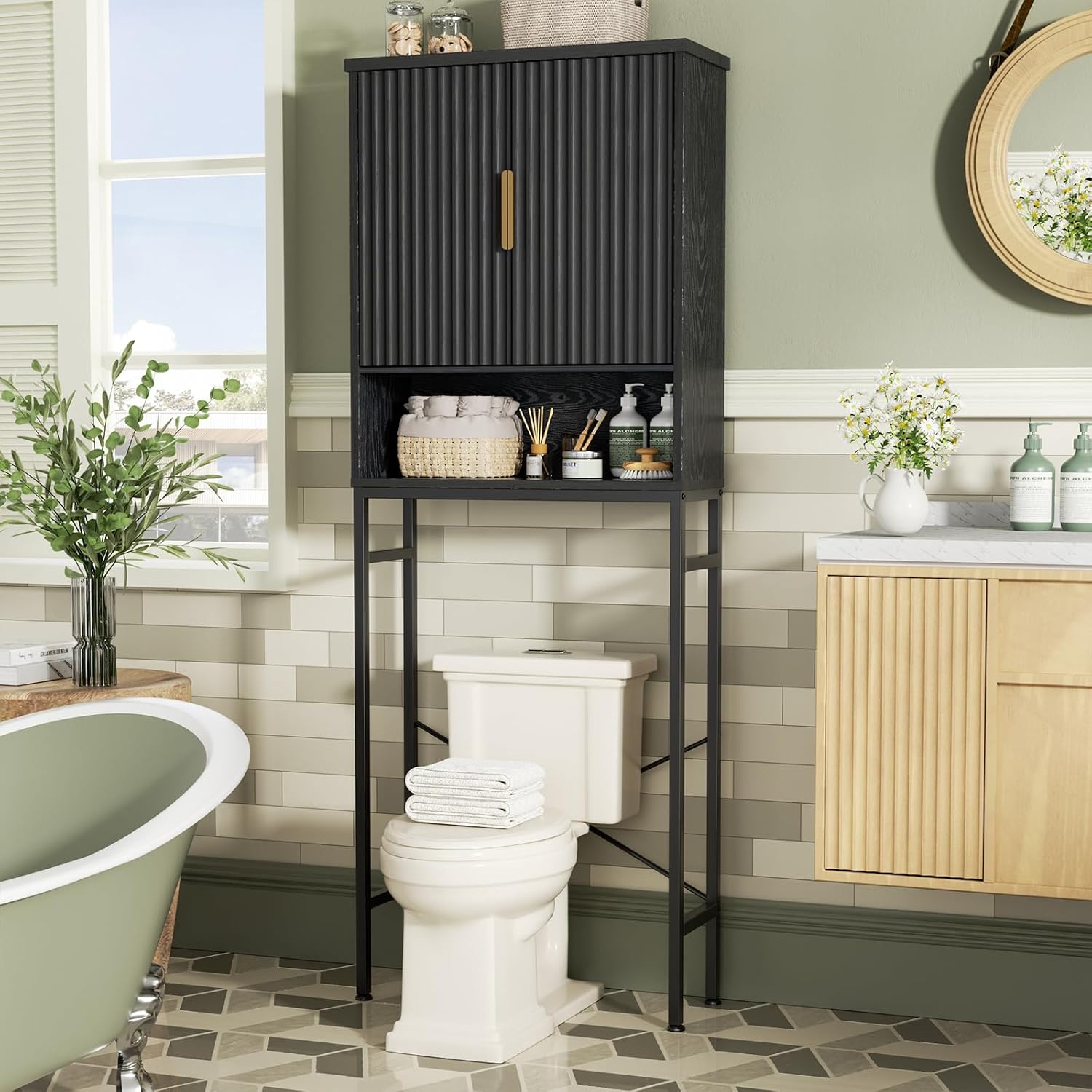 Over The Toilet Storage Cabinet with Fluted Doors and Adjustable Shelf, Tall Bathroom Organizer with Metal Stand Space Saver Over Toilet , Wood Rack for Bathroom, Restroom, Laundry, Natural Black