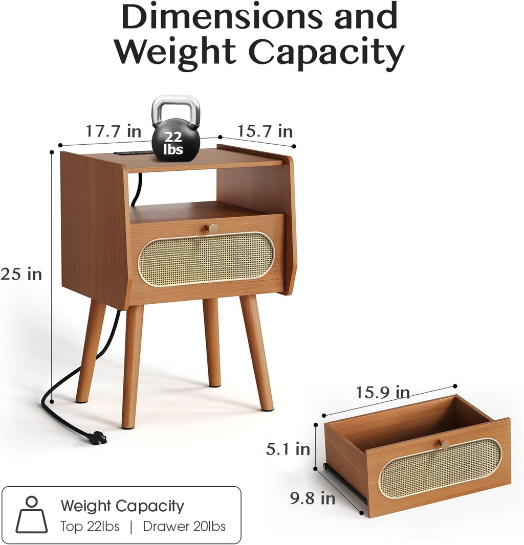 JOINICE End Tables Living Room Set of 2, Mid Century Modern Nightstands with Charging Station, Boho Rattan Bedside Tables with Drawer Storage & Solid Wood Legs, Night Stand Set 2 for Bedroom, Cherry