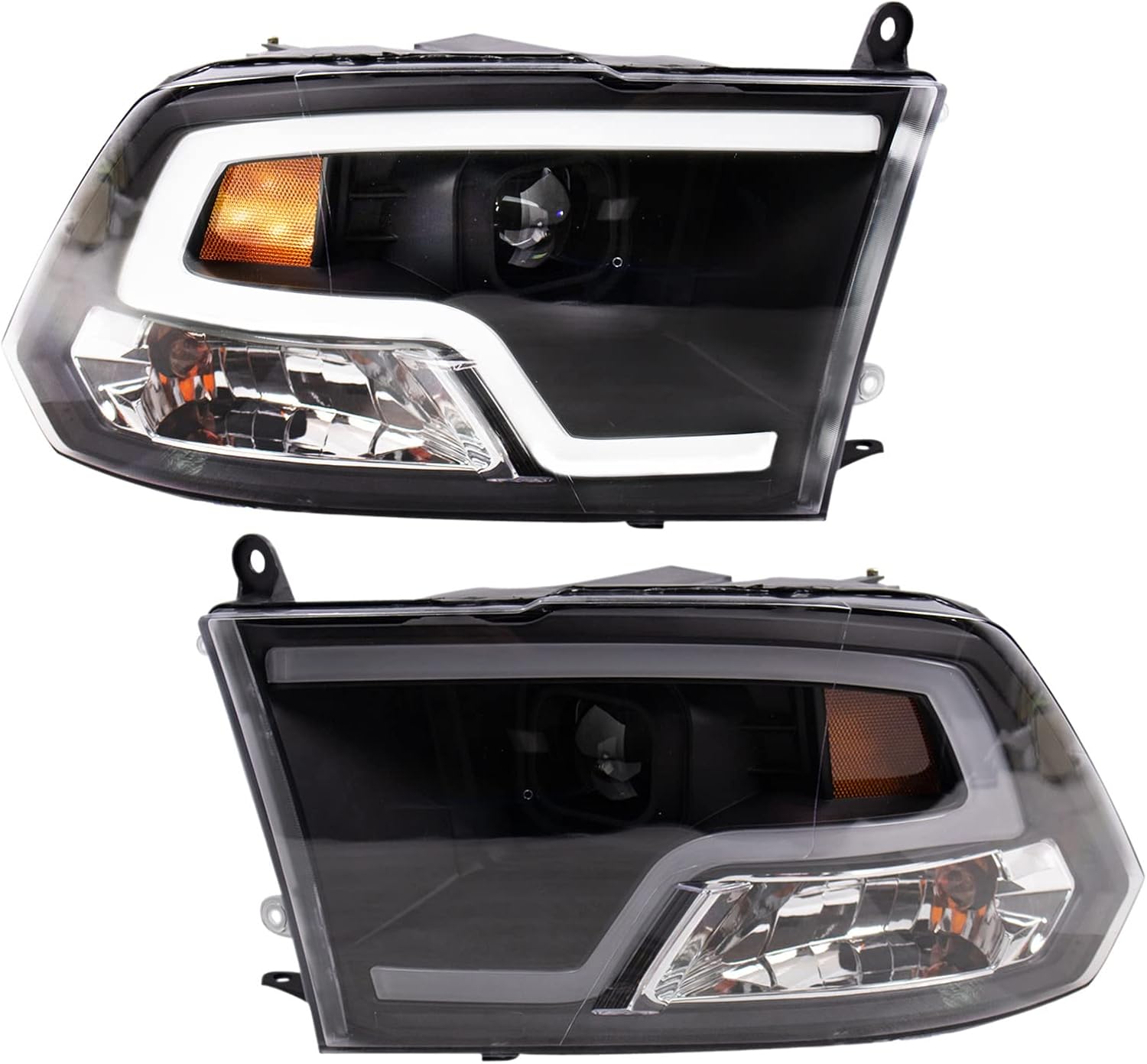 TRQ 2 Piece Headlight Assembly Set LED Tube Running Light Driver & Passenger Side Compatible with Dodge Ram 2010, Classic 2019-2022 Ram 1500 2011-2012 & 2015-2018 2500, 3500 2011-2018