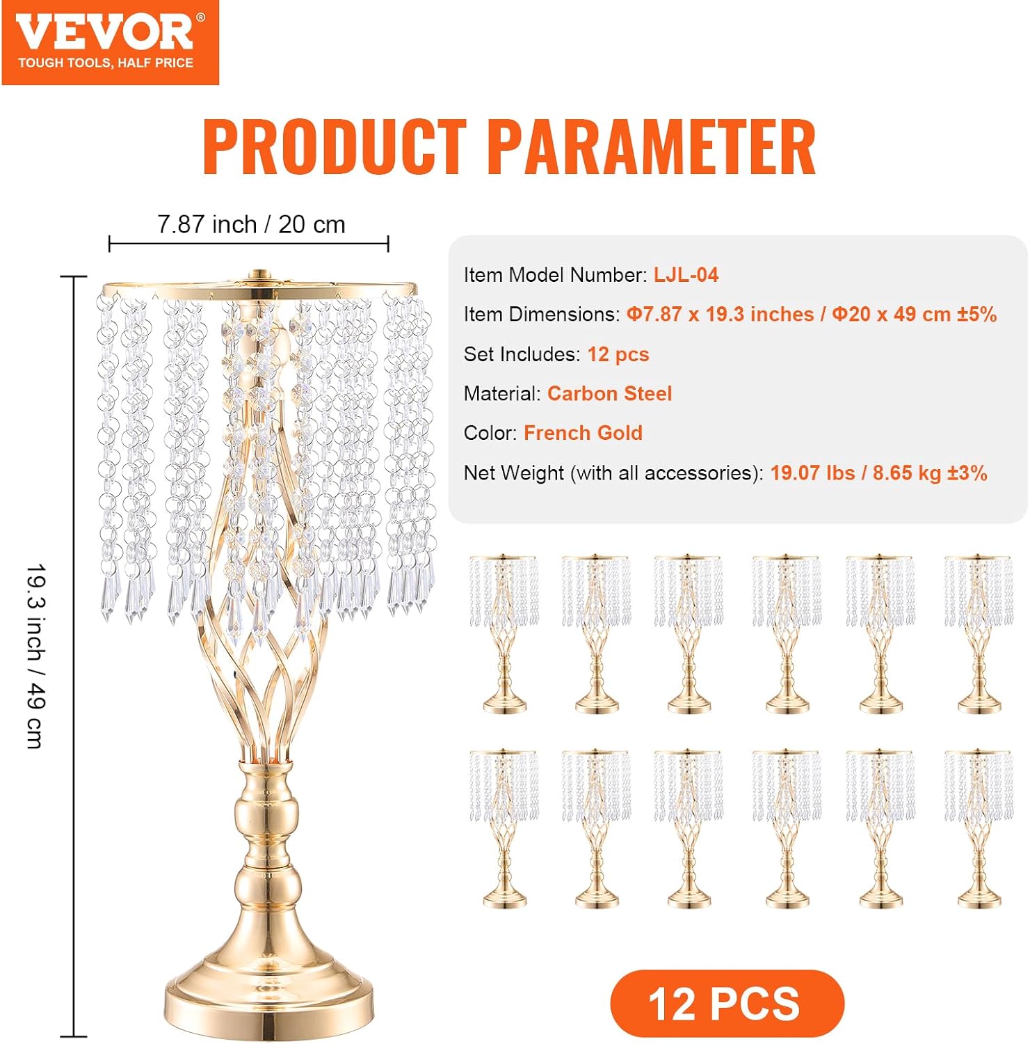 VEVOR Metal Wedding Centerpiece Gold,Crystal,12PCS 49cm/19.3'