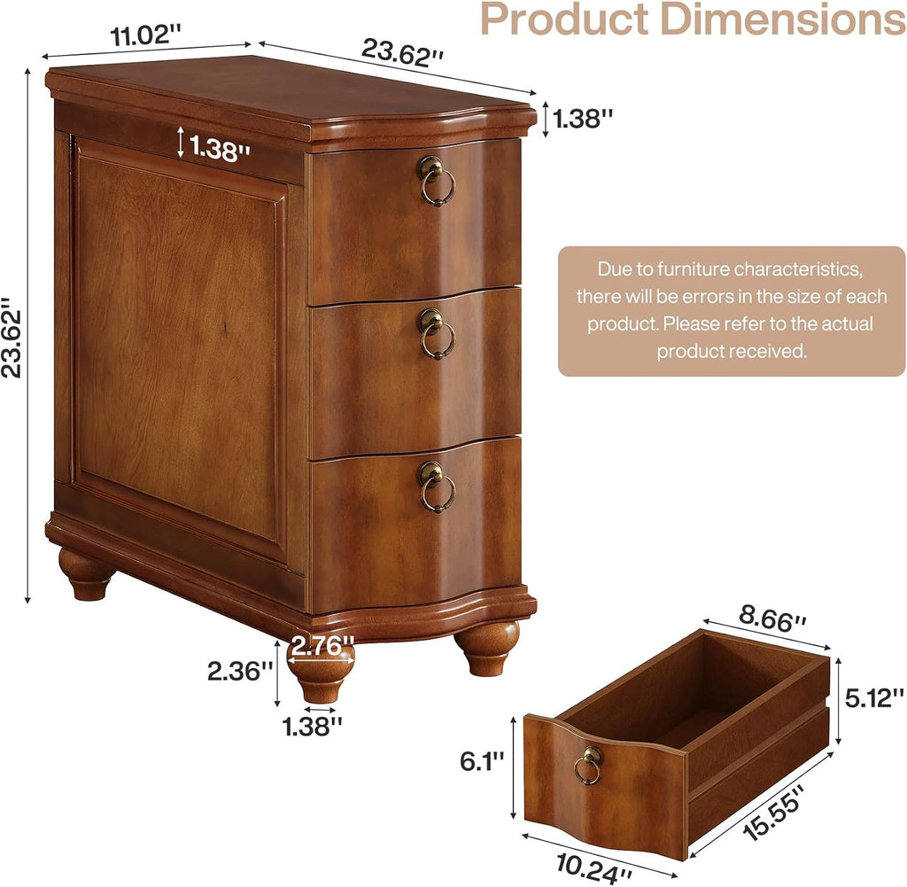 Tribesigns Wood Fully Assembled End Table, 3-Drawers Narrow Slim Side Table, No Assembly Required, Nightstand for Bedside, Small Spaces, Living Room, Bedroom, Walnut Brown