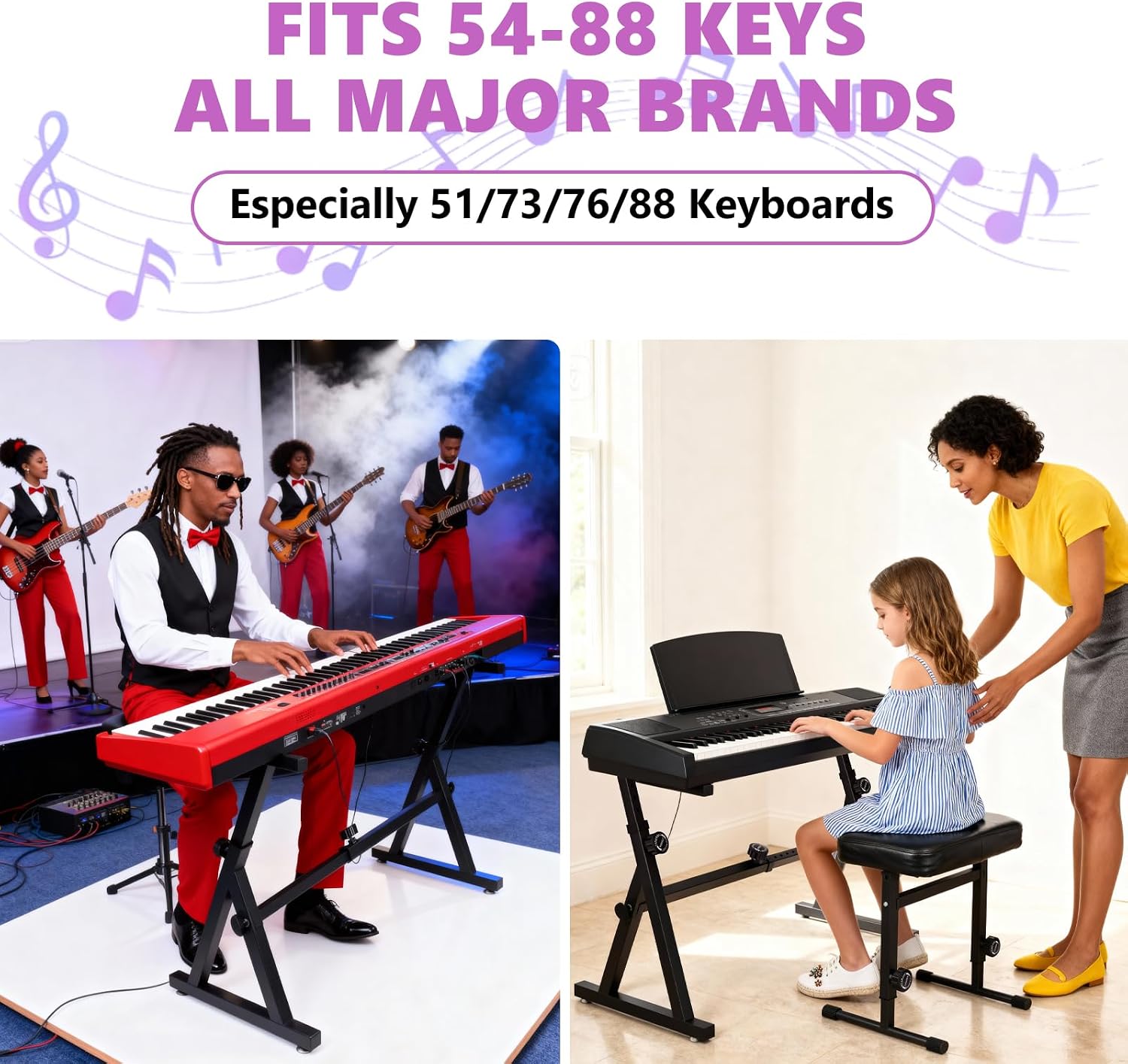 Digital Piano Keyboard Stand and Bench Set - Heavy Duty Adjustable Portable Music Stand and Bench Seat for 54-88 Key Electric Pianos