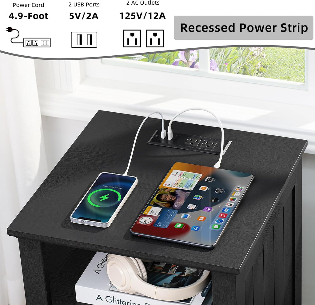 Joaxswe 18' Farmhouse Night Stand with Charging Station, 2 Drawers End Table Dresser for Bedroom, Black Wooden Nightstand, Bed Side Table with Open Shelf, Bedside Cabinet for Living Room, Closet