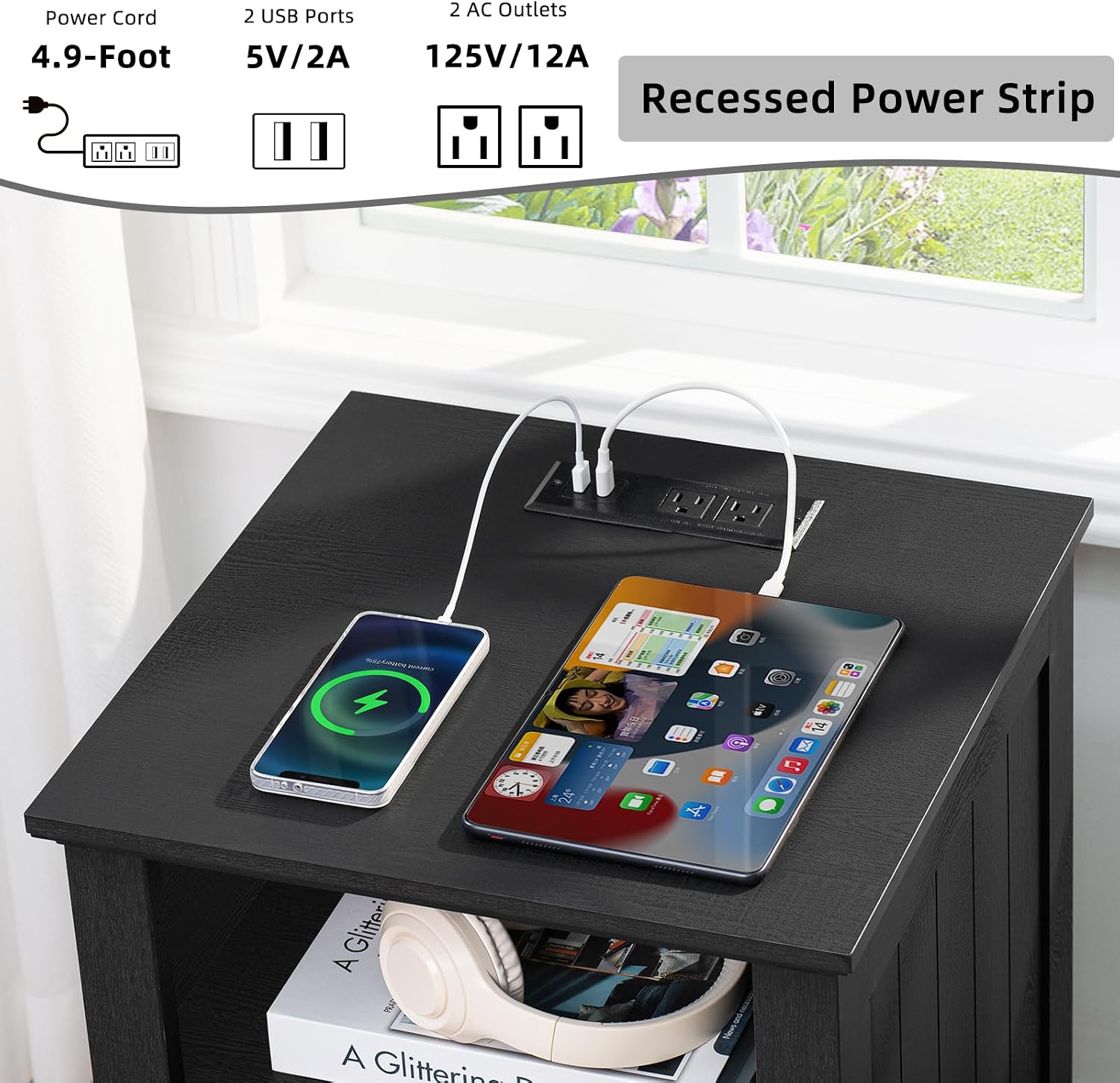 Joaxswe 18' Farmhouse Night Stand with Charging Station, 2 Drawers End Table Dresser for Bedroom, Black Wooden Nightstand, Bed Side Table with Open Shelf, Bedside Cabinet for Living Room, Closet