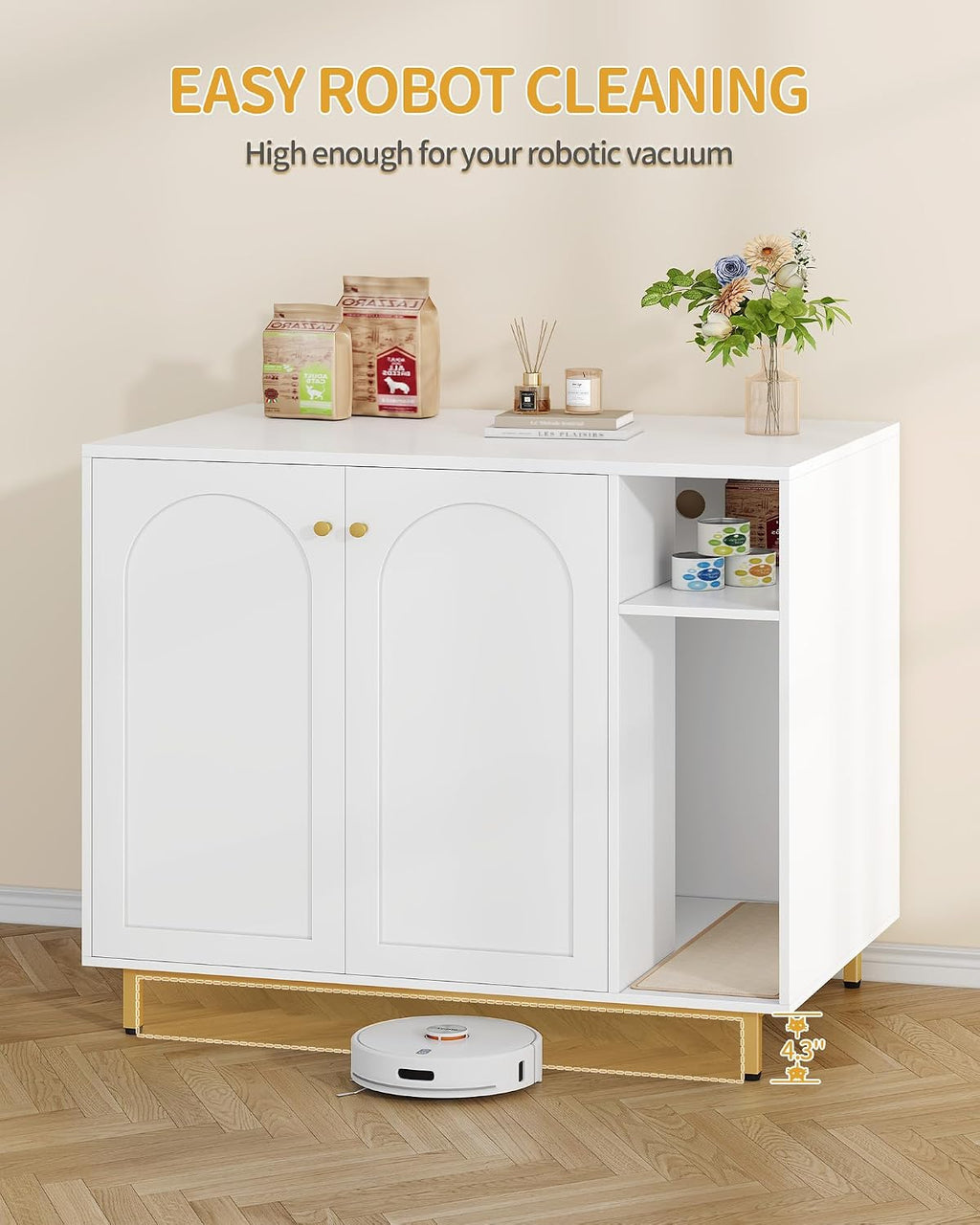 Hzuaneri Extra Large Cat Litter Box Enclosure, Automatic Litter Box Furniture with Scratch Pad, Wooden Modern Self-Cleaning Cat Cabinet with Storage, Cat Washroom, End Table, White and Gold CB87103G