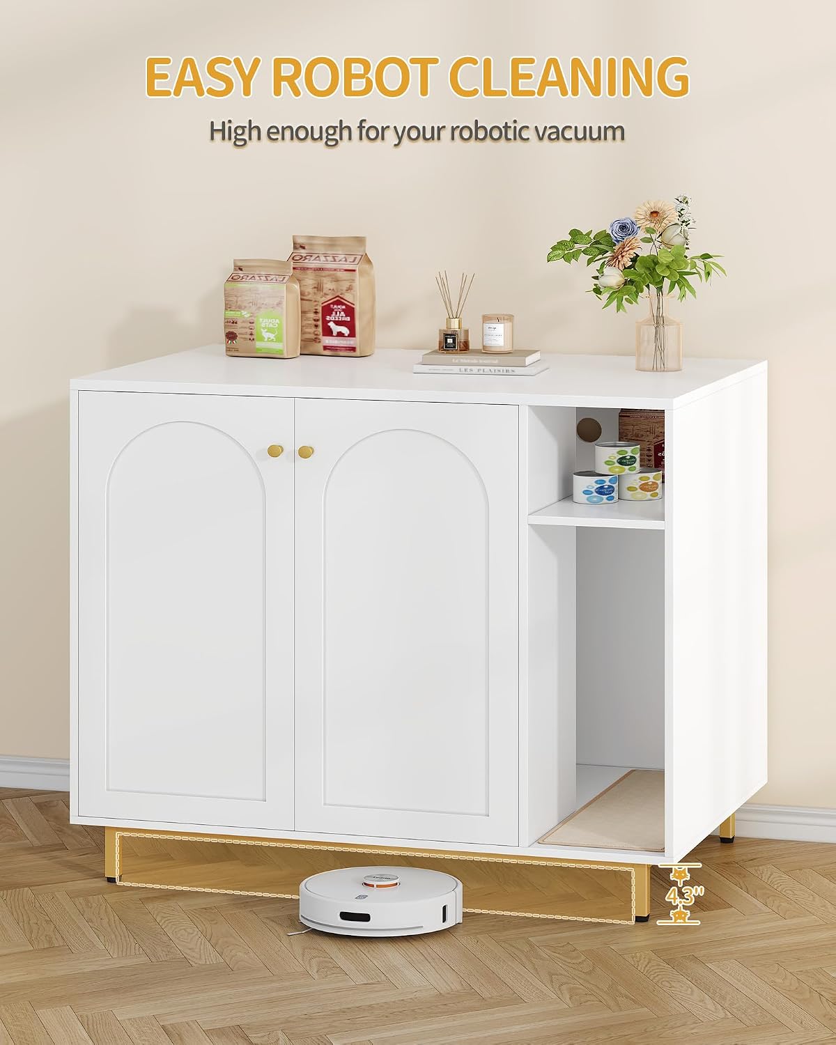 Hzuaneri Extra Large Cat Litter Box Enclosure, Automatic Litter Box Furniture with Scratch Pad, Wooden Modern Self-Cleaning Cat Cabinet with Storage, Cat Washroom, End Table, White and Gold CB87103G