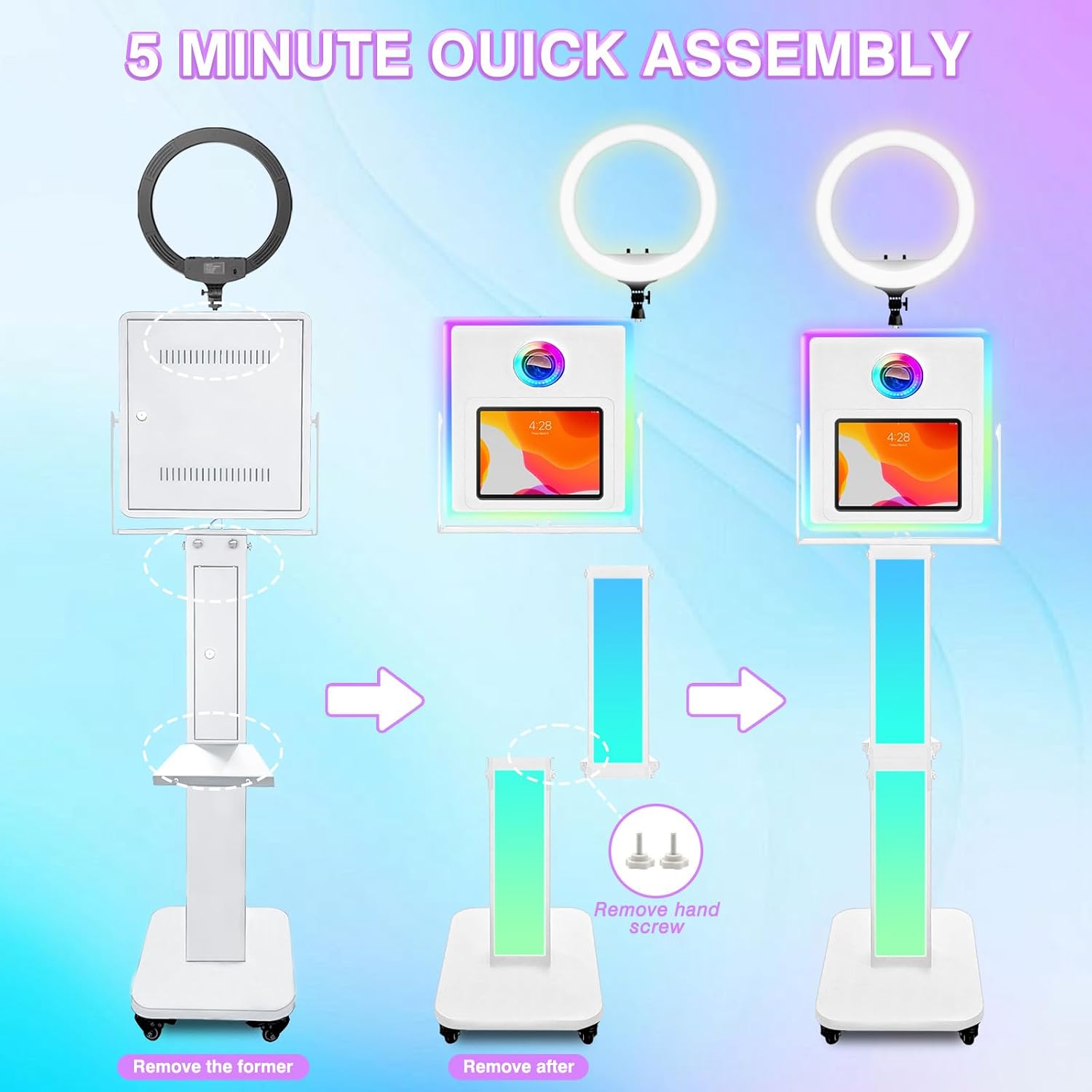 RDYMONKEY Photo Booth for All iPad and for Camera Dualuse Customized Logo Selfie Station Shell Stand APP Control RGB Ring Light Music Sync Light Box Photobooth Machine with Honeycomb Box for Rental