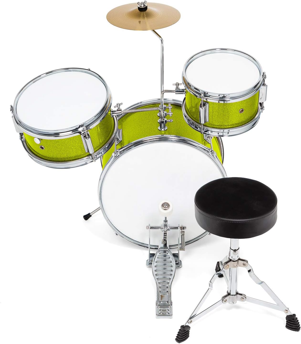Ashthorpe 3-Piece Complete Drum Set - Beginner Kit with 14' Bass, Adjustable Throne, Cymbal, Pedal & Drumsticks - Green