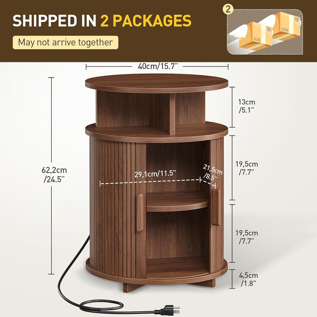 RALGEND Round Fluted End Tables Set of 2, Round End Table with Charging Station, Fluted Sofa Side Table with Sliding Tambour Door and Storage, Mid-Century Nightstand for Living Room, Bedroom, Walnut