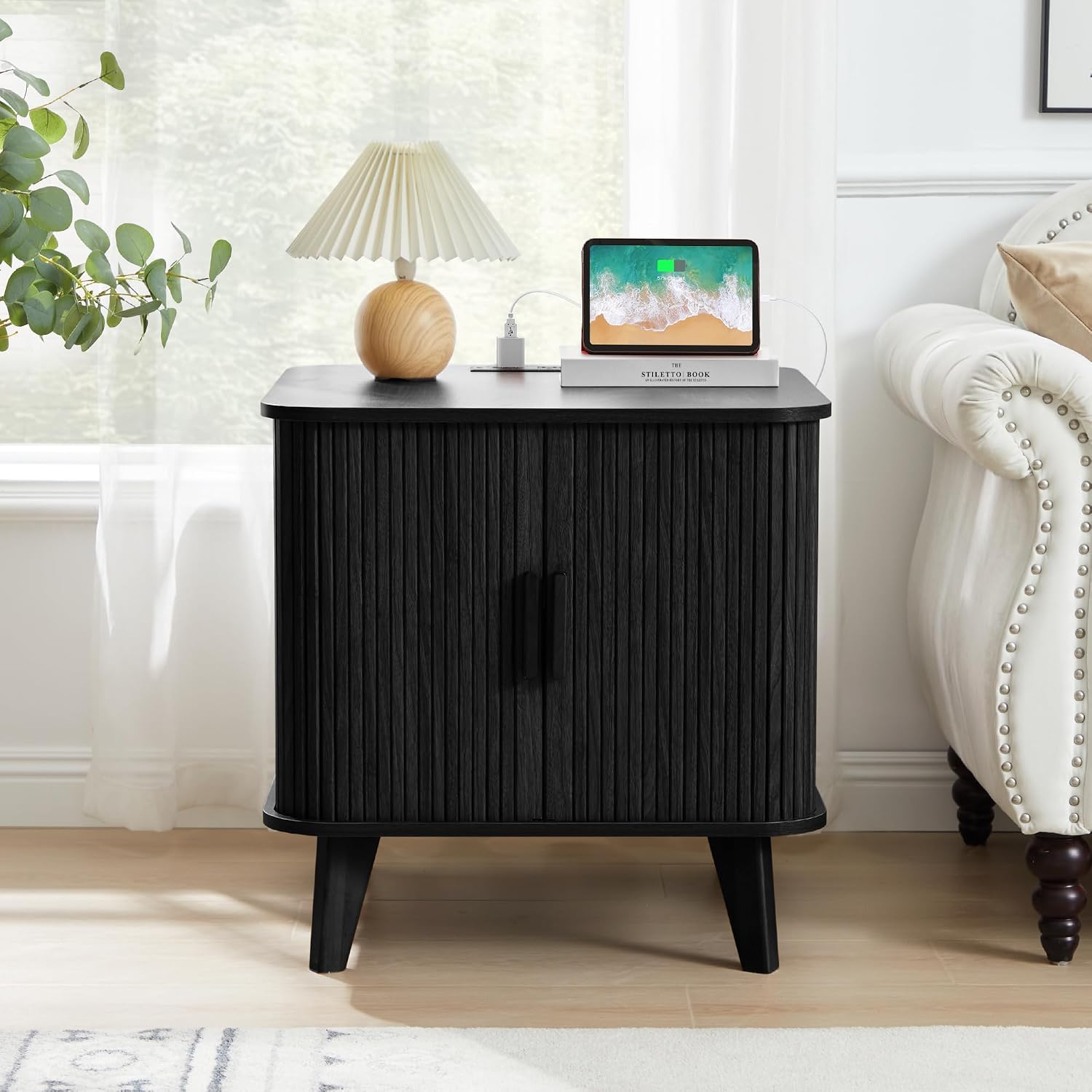 Farmhouse Square End Table with Charging Station, 24' Large Fluted Sofa Side Table with Sliding Tambour Door and Storage, Rustic Curved Wood Nightstand for Living Room, Bedroom, Black