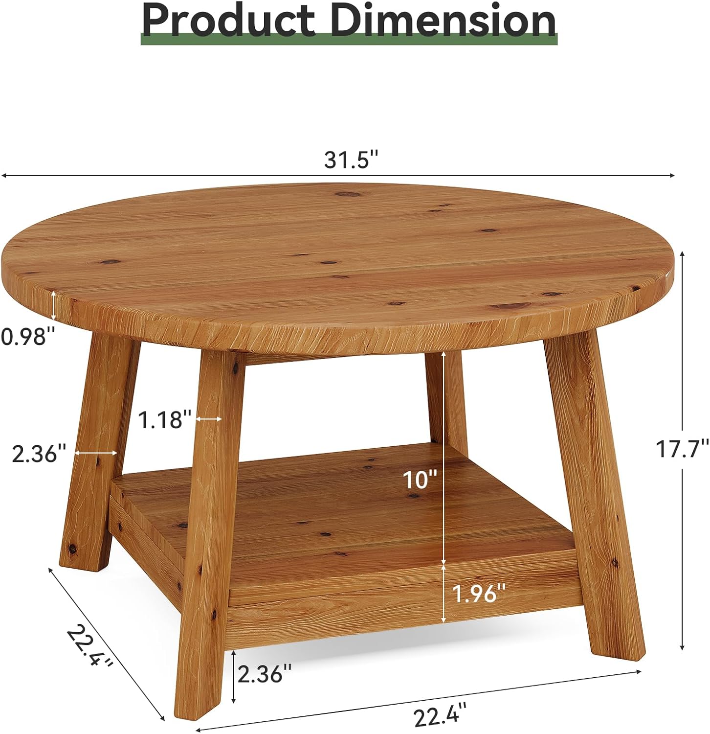 Solid Wood Round Coffee Table for Living Room, 31.5' Farmhouse Wooden 2-Tier Circle Center Cocktail Accent Table with Storage Shelf and Tapered Legs for Apartment, Small Space, Brown