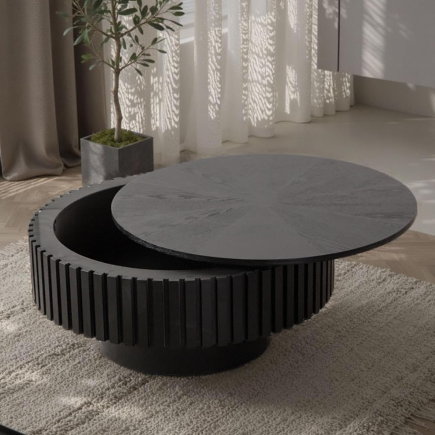 Round Drum Coffee Table with Storage, 31.5' Modern Handcraft Fluted Drum Coffee Table, Wooden Circle Center Table with Sturdy Pedestal for Living Room Apartment (31.5' Black with Storage)