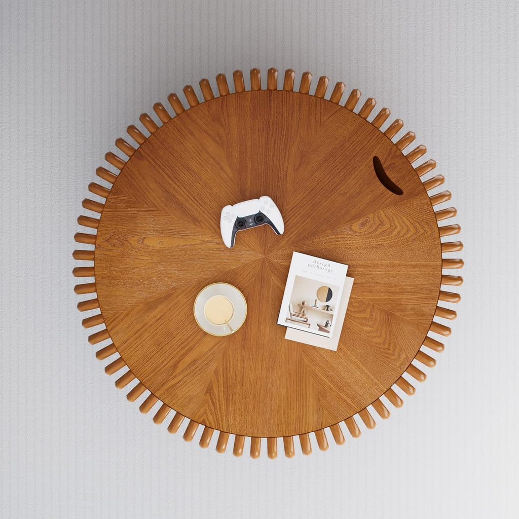 Round Coffee Table with Storage, Mid Century Modern Drum Coffee Table for Living Room, Fluted Circle Center Table with Sturdy Pedestal, Accent Tea Table for Apartment (35.4' Brown with Storage)