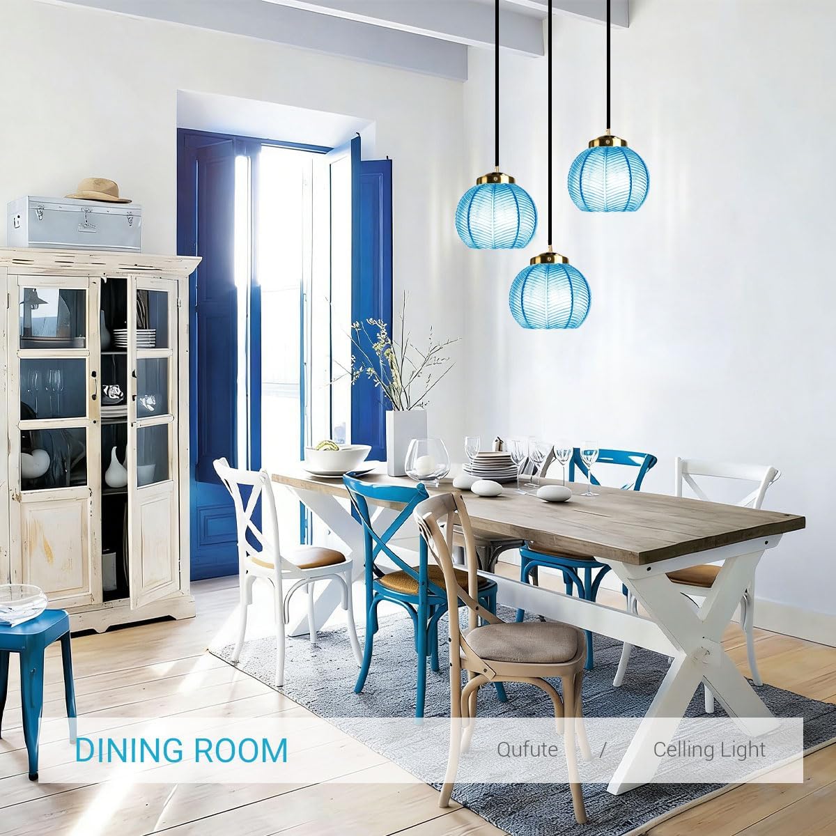 Cluster Pendant Light Glass Globe Chandelier 3-Lights Adjustable with 8.7″ Blue Glass Shades, Mid-Century Modern Kitchen Island Chandeliers,Ribbed Ball Gold Ceiling Hanging Lights