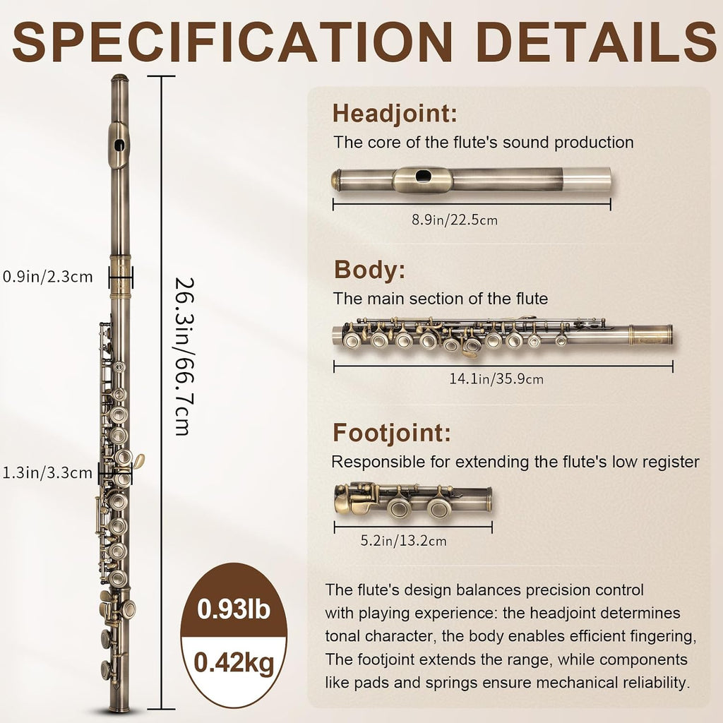 Kmise Closed Hole C Flute, Responsive Flute Instrument, Premium and Durable Flutes with Gig Bag, Collapsible Stand, Beginner's Guide, Cleaning Kit - Effortless for Beginners, Students (Bronze)