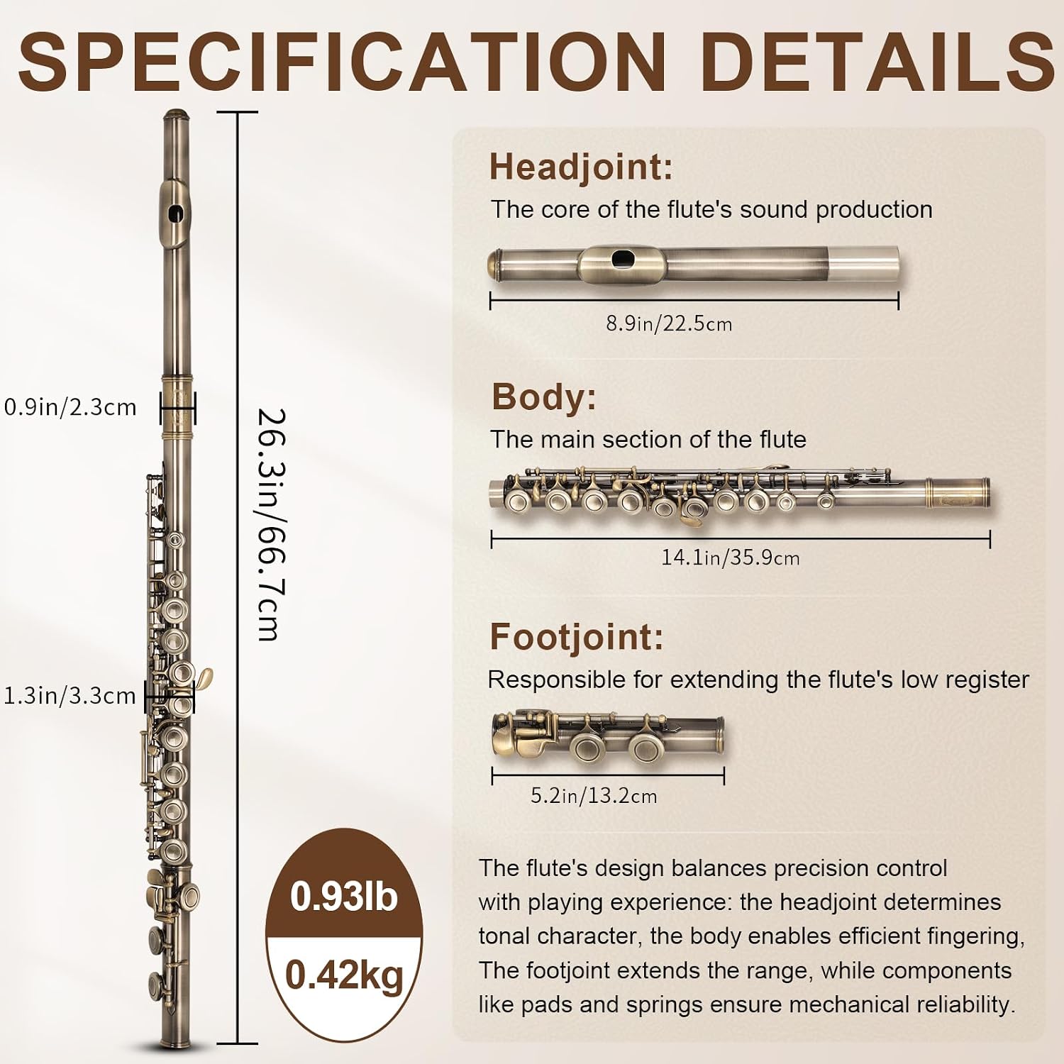 Kmise Closed Hole C Flute, Responsive Flute Instrument, Premium and Durable Flutes with Gig Bag, Collapsible Stand, Beginner's Guide, Cleaning Kit - Effortless for Beginners, Students (Bronze)