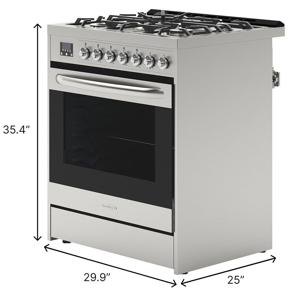 KoolMore 30' Inch Professional Gas Range Stove with 5 Burner Cooktop, Rapid Convection Oven, and Digital Timer with Heavy-Duty Cast Iron Grates, Stainless-Steel Appliance (KM-FR30G-SS),Silver