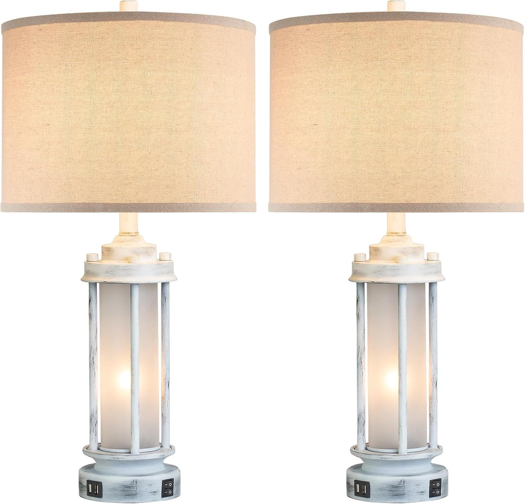 AIEAMPDO 25' Rustic Table Lamps Set of 2, Vintage Nightstand Lamps with 2 USB Ports, Farmhouse Antique White Desk Lamp with Glass Night Light for Living Room Bedroom Dorms, 4 Bulbs Included