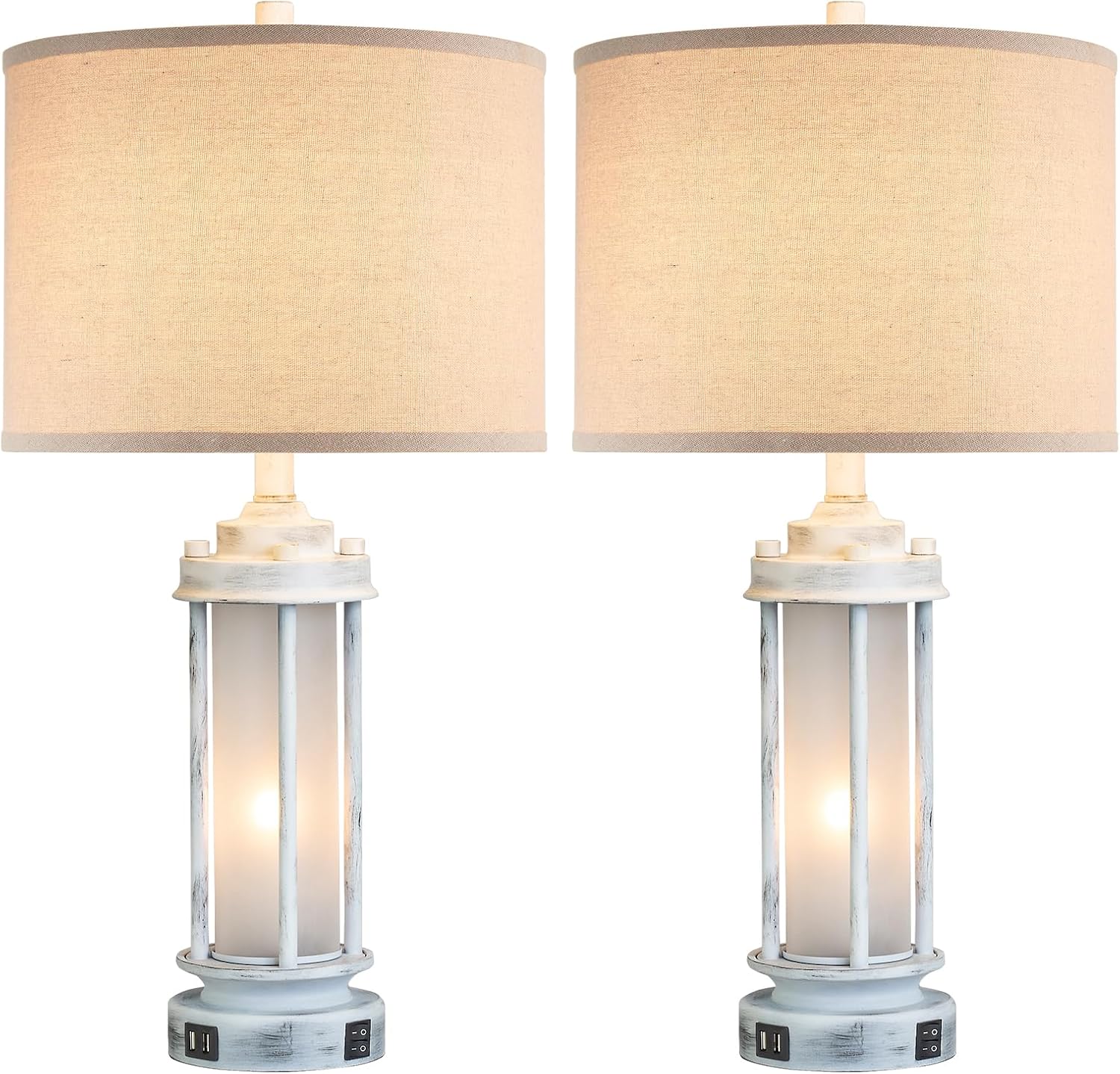 AIEAMPDO 25' Rustic Table Lamps Set of 2, Vintage Nightstand Lamps with 2 USB Ports, Farmhouse Antique White Desk Lamp with Glass Night Light for Living Room Bedroom Dorms, 4 Bulbs Included