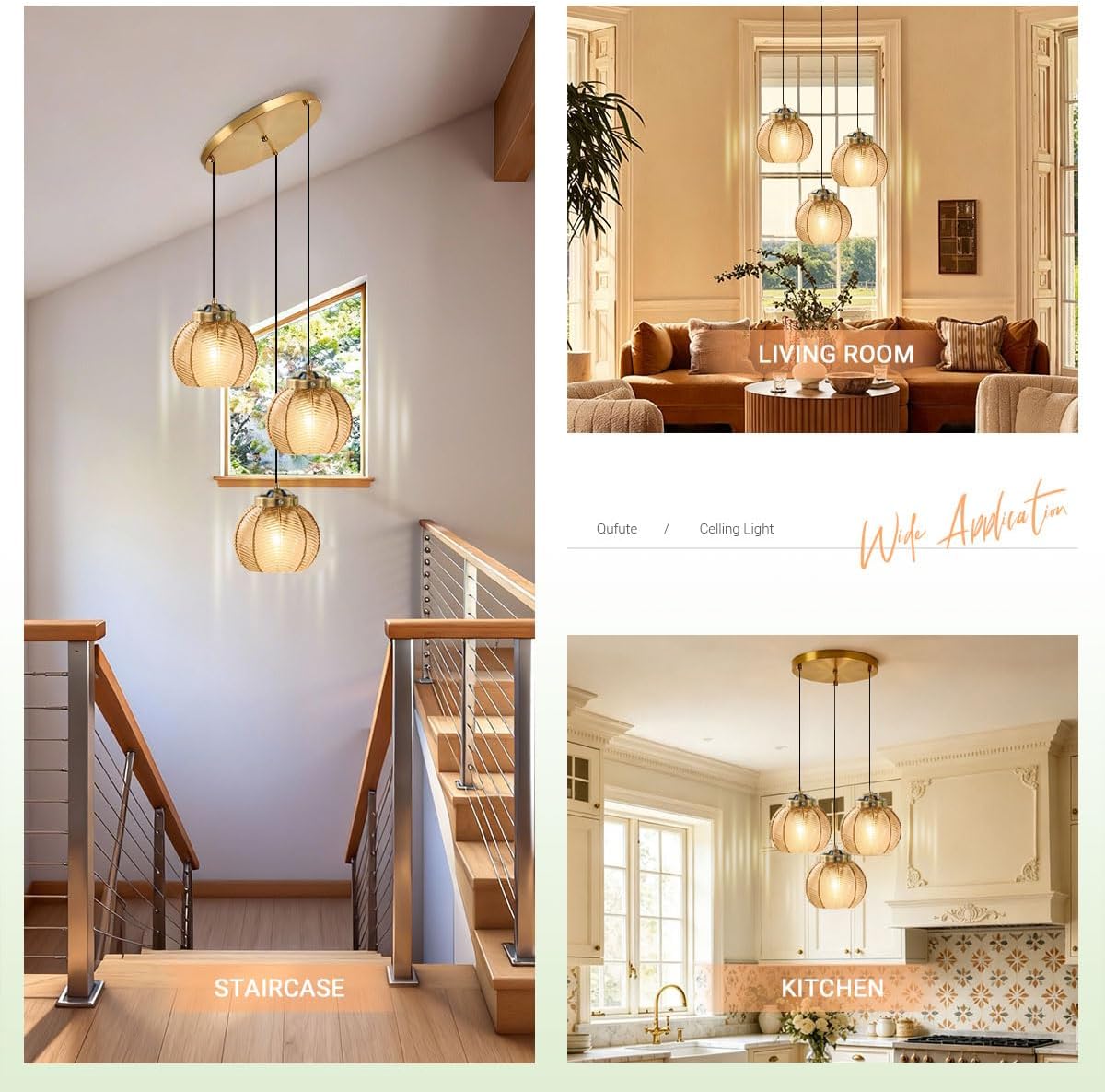Glass Globe Chandelier 3 Light Cluster Pendant Light Fixture Black Gold Mid Century Modern Ceiling Lights Adjustable Height with Amber Glass Ball Shades Sputnik Chandelier Kitchen