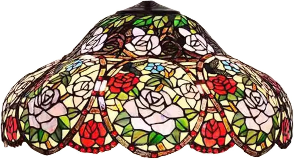 Tiffany Style Traditional Handmade 22 Inch Wide Rose Flower Design Stained Glass Lampshade Replacement Only Retro Red Blue Pink Floral Light Cover Accessories for Table Lamp Pendant Light