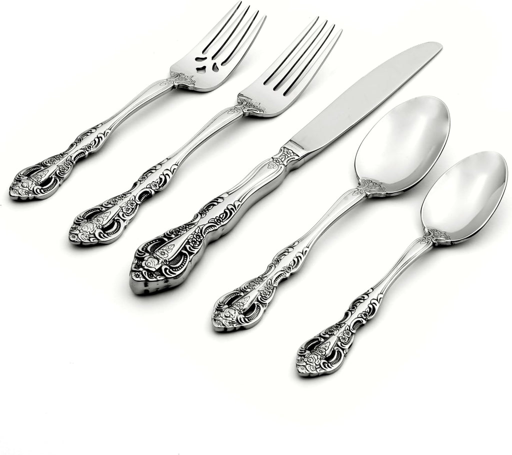 Oneida Silverware Set For 4, Michelangelo 20-Piece Fine Flatware Set, Service For 4, Heavyweight 18/10 Stainless Steel, Mirror Finish, Dishwasher Safe, Knives Spoons & Forks Sets (Silver, 20 Piece)