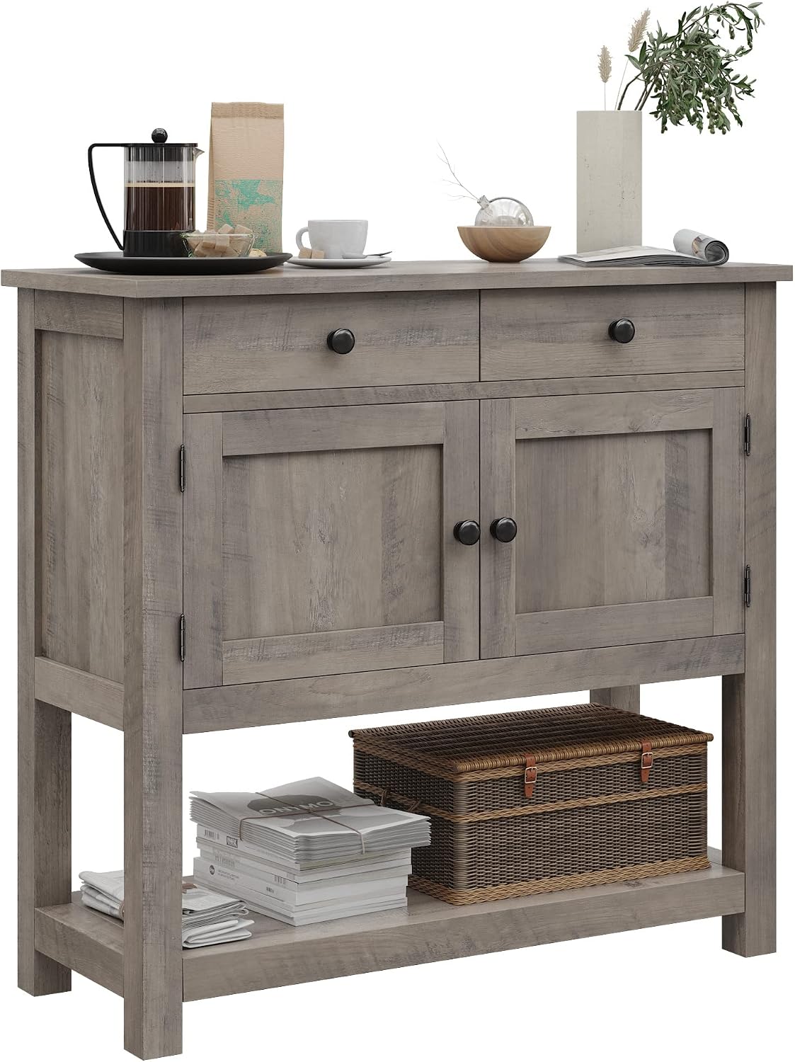 HOSTACK Farmhouse Console Table with 2-Door Cabinet & 2 Drawers, Coffee Bar, Entryway Table with Storage Shelf, Sofa Tables Buffet Sideboard for Kitchen, Hallway, Dining, Living Room, Ash Gray