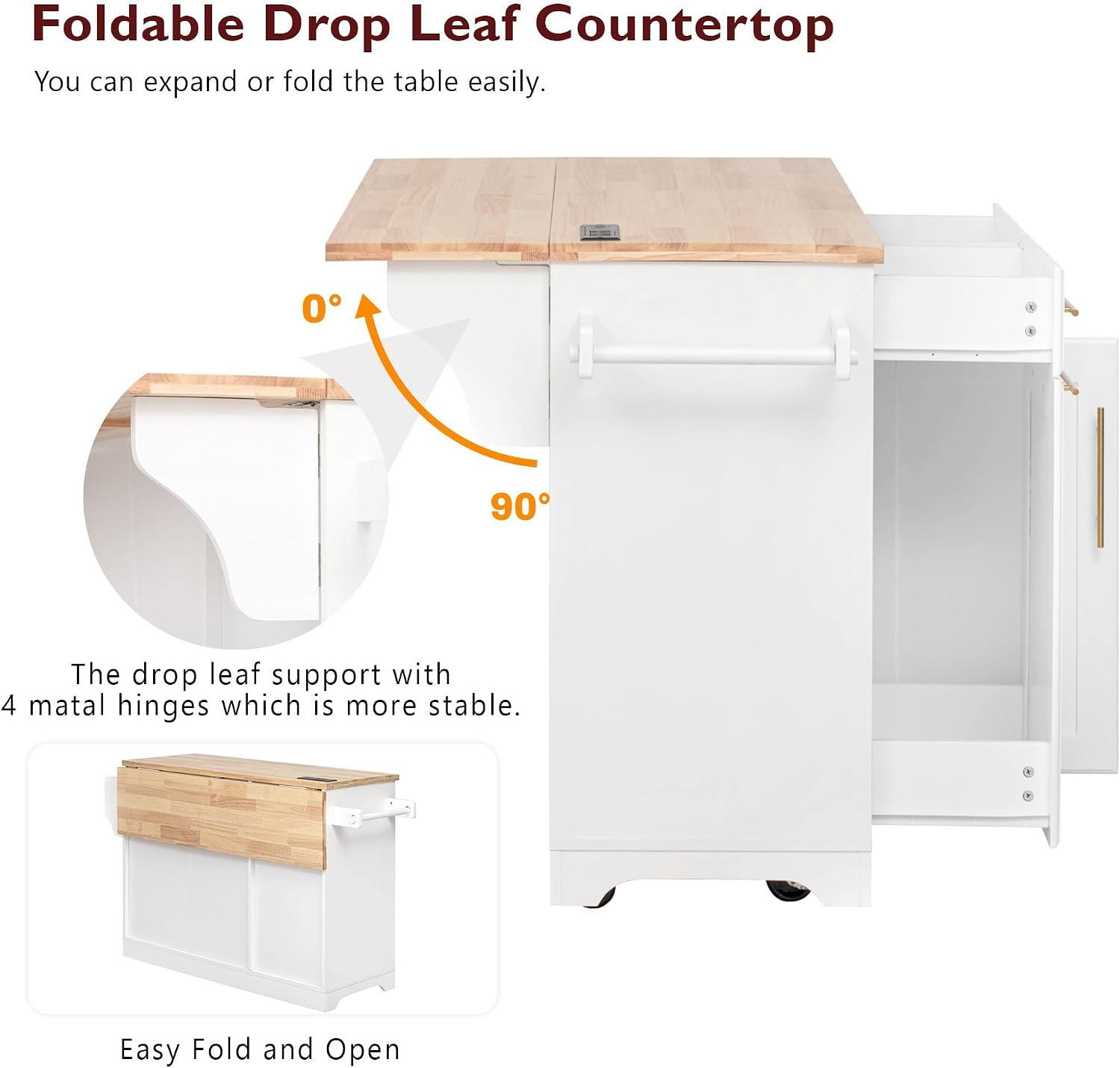 Kitchen Island Cart with Solid Wood Top, Mobile Carts with Storage Cabinet, Rolling Kitchen Table with Trash Can Storage, Power Outlet, Spice & Towel Rack, Portable Islands on Wheels, White