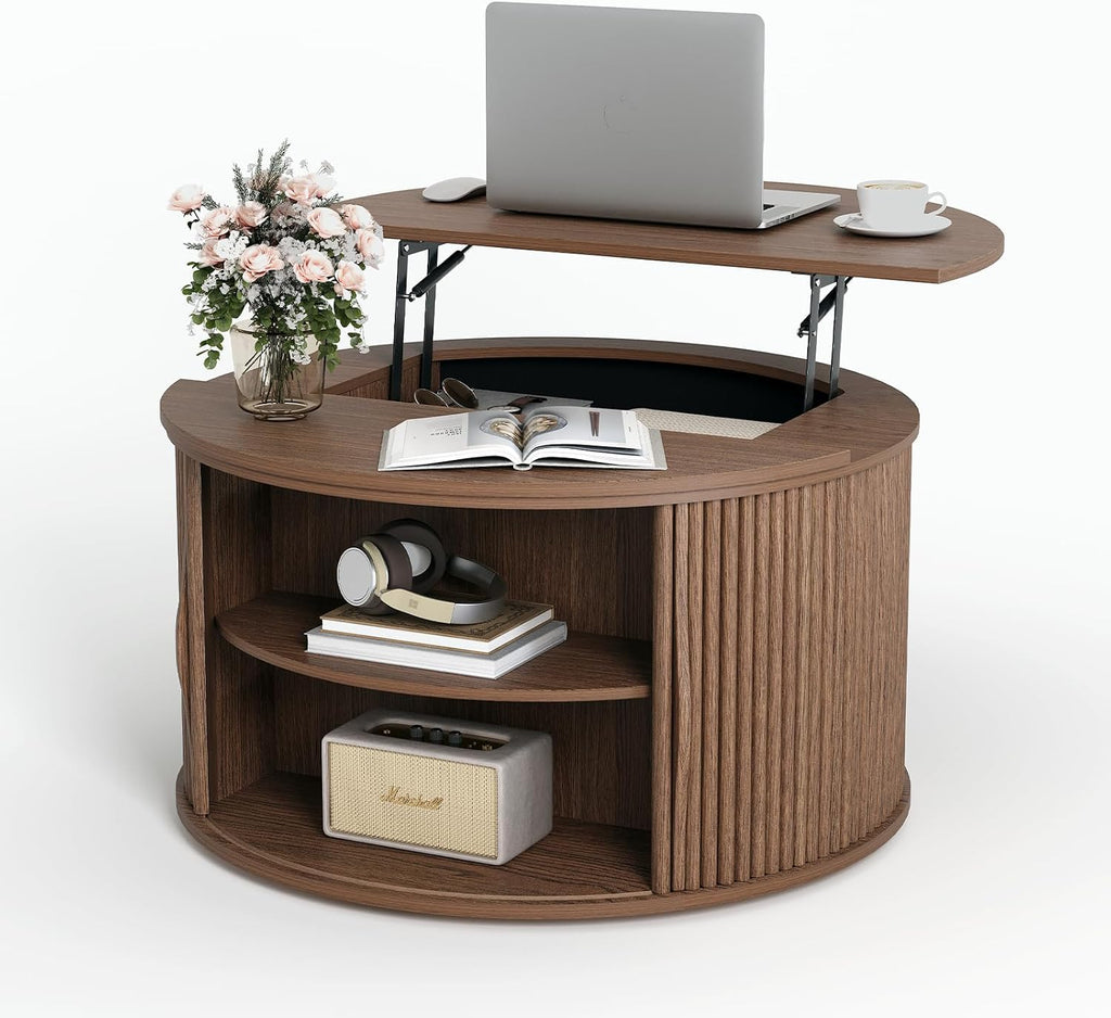 Round Lift Top Coffee Table, 31.5' Mid Century Modern Center Table with Hidden Storage, Fluted Circle Coffee Tables for Living Room, Home Office, Walnut